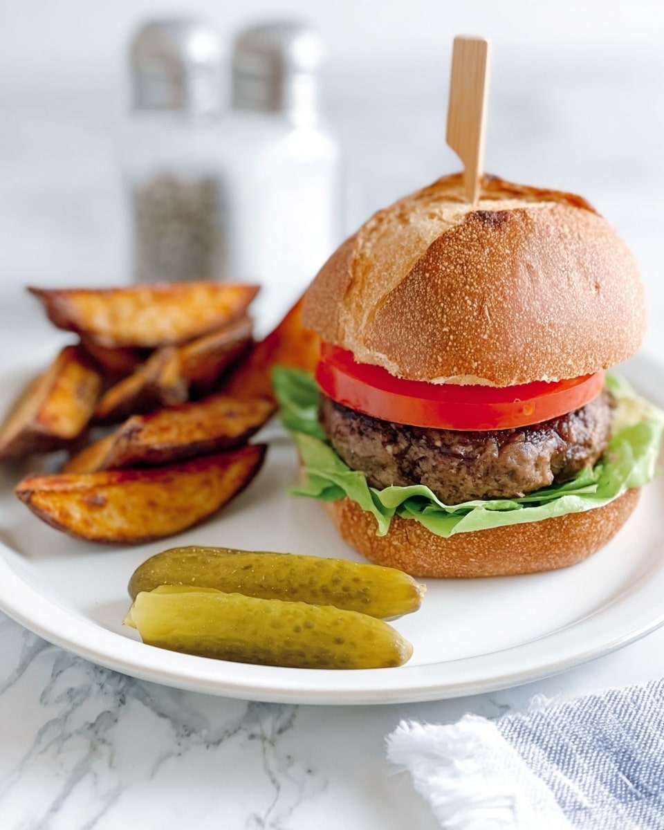 The image shows a burger with three visible layers inside a shiny brown bun: fresh green lettuce at the bottom, a thick slice of red tomato in the middle, and a juicy beef patty on top, all held together by the top bun with a small wooden skewer in the center. Next to the burger on a white plate is a small pile of dark orange and brown thick potato wedges, stacked casually. In front of the potato wedges are two green pickle slices, one whole and one cut in half. The background is a white marbled surface with a soft blue and white checkered cloth partially visible under the plate. Photo taken with an iphone --ar 4:5 --v 7