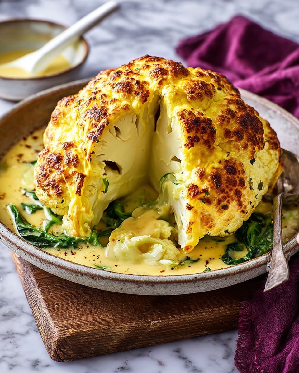 The dish shows a whole cauliflower head, baked until golden brown with crispy browned spots, sitting upright as the top layer. The middle layer reveals light yellow creamy sauce with herbs and melted cheese, partially covering green vegetables like asparagus beneath the cauliflower. The base layer is a similar melted cheese sauce filling the bottom of a round ceramic dish with blue speckles and a slightly worn rim. The dish sits on a wooden block over a white marbled surface, next to a purple cloth and a spoon with sauce on the side. Photo taken with an iphone --ar 4:5 --v 7