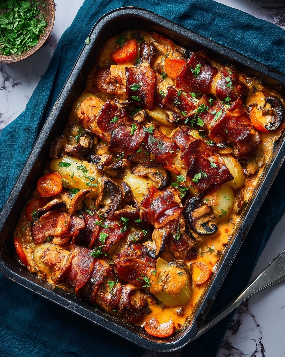 A black baking tray filled with cooked sausages wrapped in crispy dark brown bacon, placed on top of irregular thick slices of golden roasted potatoes and bright orange carrot chunks. The sausages and vegetables are covered with a glossy, thick, orange-brown sauce, and sprinkled with chopped fresh green herbs, scattered unevenly across the dish. The tray is sitting on a dark cloth on a white marbled surface, with part of a white plate and a glass visible nearby. photo taken with an iphone --ar 4:5 --v 7
