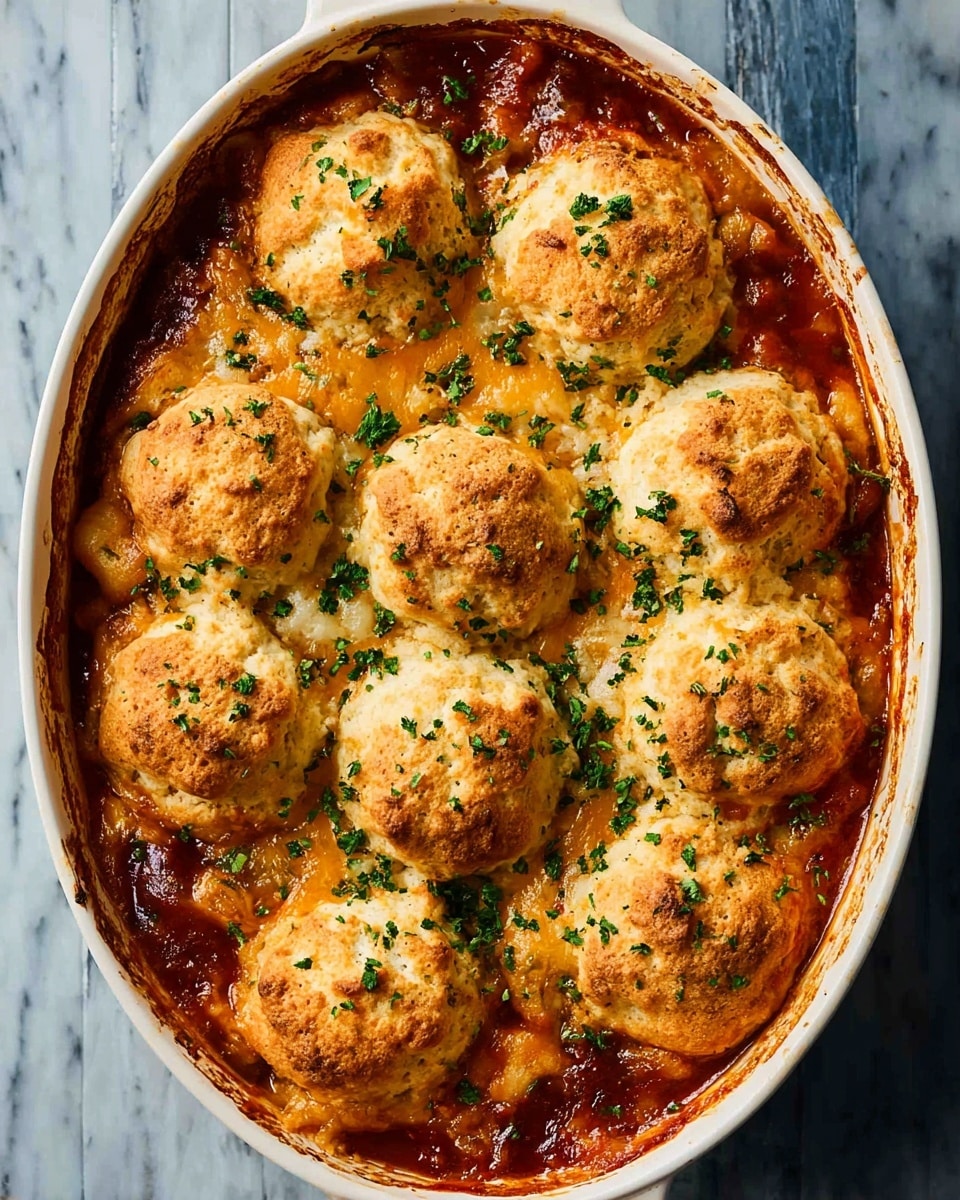 A white oval baking dish filled with a baked dish showing two layers: the bottom layer is thick red tomato sauce with melted cheese bubbling on top, and the upper layer consists of ten golden brown biscuit-like dumplings evenly spaced around the dish, each sprinkled with chopped green herbs. The texture of the dumplings is slightly crispy and fluffy, with some areas darker from baking. The dish is placed on a white marbled textured surface. photo taken with an iphone --ar 4:5 --v 7