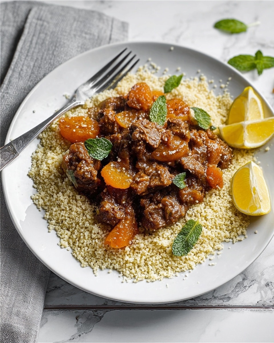 The image shows a white plate filled with a bed of light beige couscous, which looks fluffy and grainy as the bottom layer. On top, there is a thick stew made of small chunks of brown meat and cooked orange apricots, covered in a rich, dark sauce with a slightly shiny texture. Fresh green mint leaves are scattered on the stew for color contrast. On the right side of the plate, there are two lemon wedges adding a bright yellow touch. A silver fork is placed on the left side, resting on the plate edges and couscous, on a white marbled surface. photo taken with an iphone --ar 4:5 --v 7