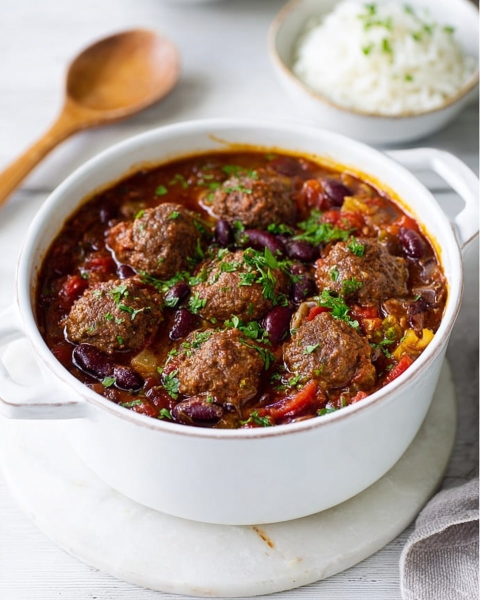 A white pot filled with a thick stew made of meatballs, red kidney beans, chopped tomatoes, and onions all mixed together in a rich brownish-red sauce, garnished with small green herb pieces on top. The pot has two handles and is placed on a white marbled surface, next to a wooden spoon and a white bowl filled with white rice. The overall look is warm and hearty. Photo taken with an iphone --ar 4:5 --v 7