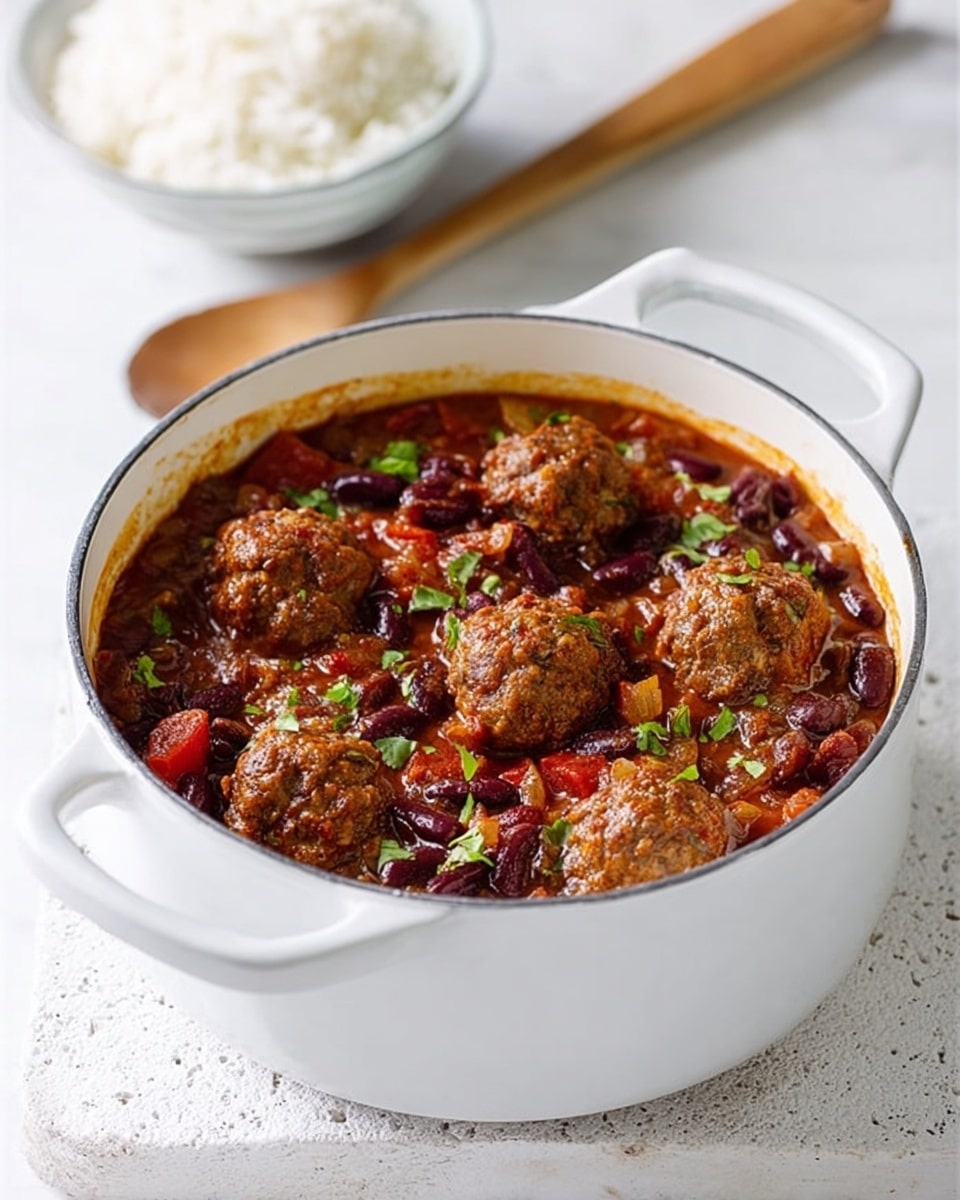 A white bowl filled with a rich stew featuring several brown meatballs immersed in a chunky tomato-based sauce. The sauce contains visible dark red kidney beans and diced onions, all sprinkled with small bits of fresh green herbs on top, adding a touch of color. The bowl is placed on a white marbled surface with a white wooden board underneath, and a small bowl of white rice in the background. A wooden spoon rests near the bowl. photo taken with an iphone --ar 4:5 --v 7