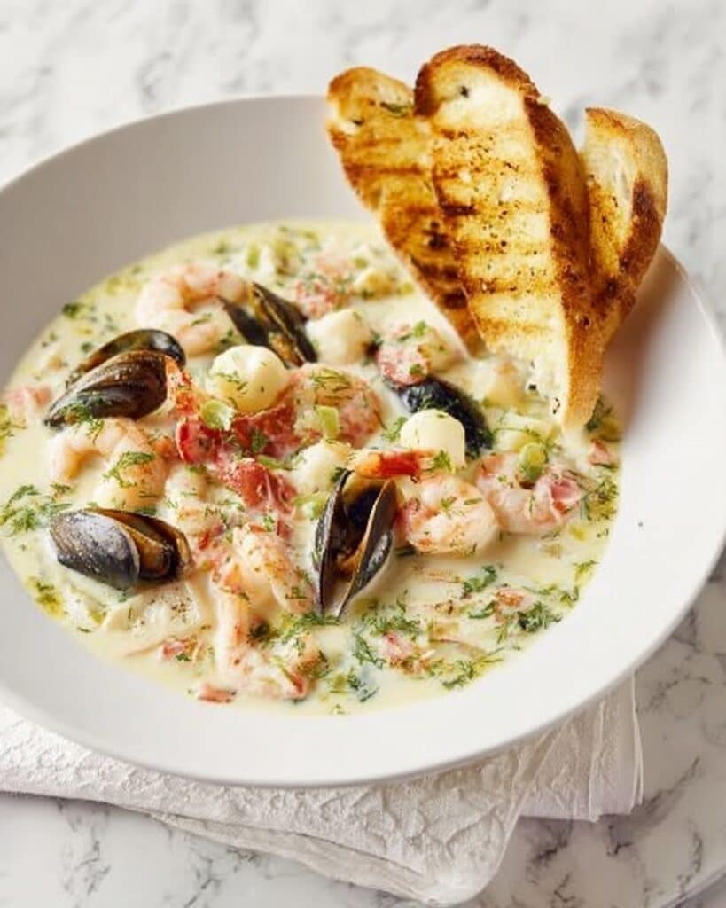 Creamy Seafood Stew with Dill and Garlic Bread Recipe