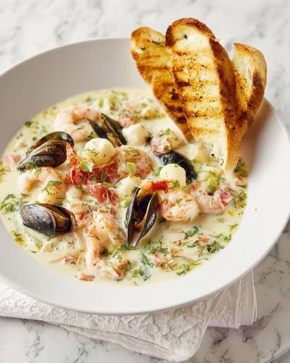 A white bowl filled with creamy seafood chowder is placed on a white plate, which rests on a white marbled surface covered partly by a striped cloth. The chowder has different layers with visible pieces of shrimp that are pink and orange, white squid rings, and small dark mussel meat, all mixed in a thick light yellow creamy broth with green herbs sprinkled on top. Two slices of golden toasted bread are placed on the edge of the plate beside the bowl. photo taken with an iphone --ar 4:5 --v 7