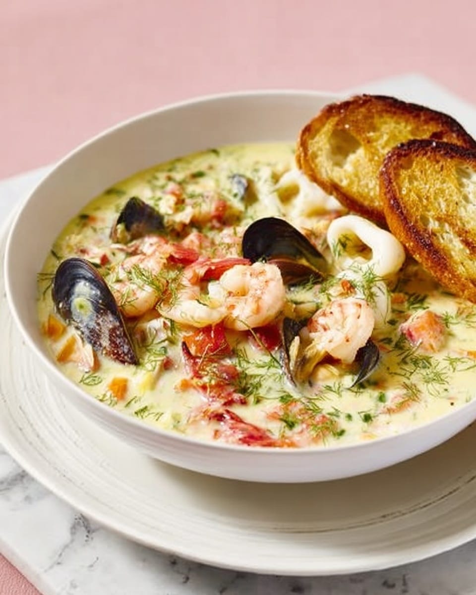 A white bowl filled with creamy seafood chowder featuring pink shrimp, white squid rings, and dark mussel shells in a thick, pale yellow broth sprinkled with chopped green herbs. The bowl is placed on a white plate, accompanied by two pieces of toasted golden brown garlic bread on the side. The setting is on a white marbled surface with a light cloth under the plate. Photo taken with an iphone --ar 4:5 --v 7