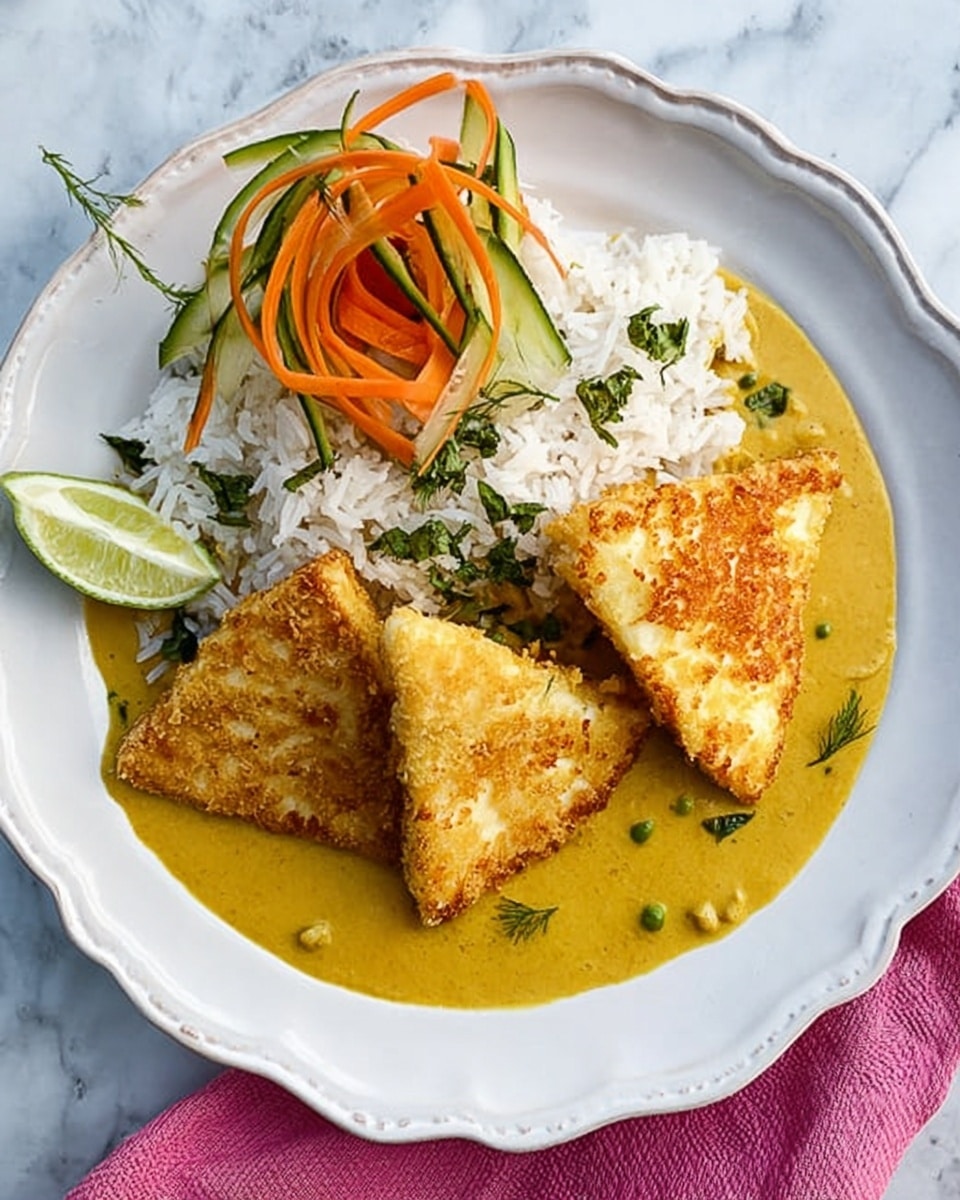 The dish is served in a white scalloped-edge plate on a white marbled surface with a pink cloth partially visible. The base layer is white steamed rice on the left side, topped with a few green leafy herbs. Next to the rice on the right is a thick, smooth yellow curry sauce. On top of the rice and curry are four triangular pieces of golden brown fried tofu arranged in a slight cluster. In the top right corner of the plate, there is a bright green lime wedge and thin curls of orange carrot and green cucumber intertwined as a garnish. A silver fork and knife are placed to the right of the plate. photo taken with an iphone --ar 4:5 --v 7