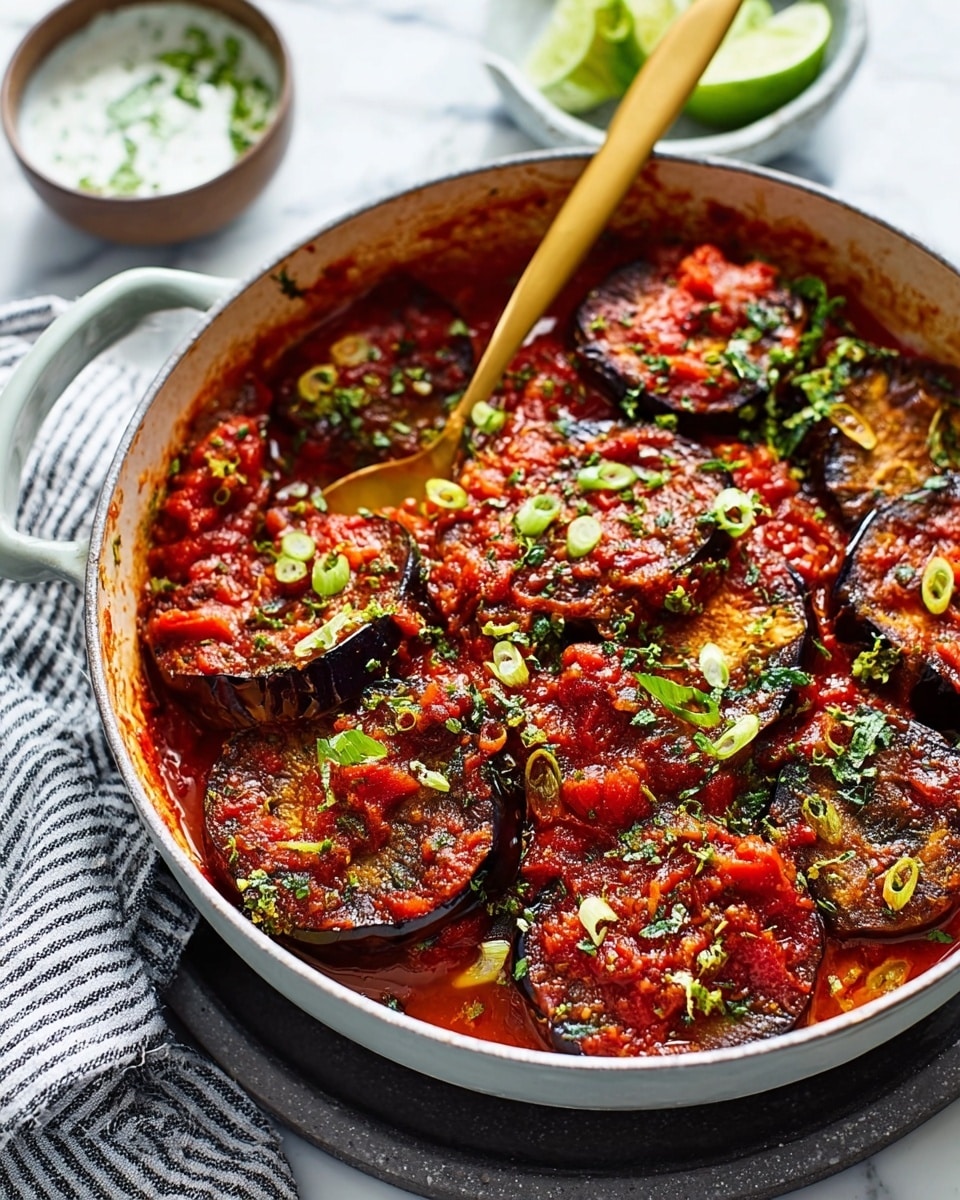 A white pan filled with a tomato-based stew showing five large, thick slices of roasted eggplant placed on top, each slice dark brown and crispy on the edges with a soft interior covered in rich red sauce that has a slightly chunky texture. The stew underneath has visible pieces of chopped green vegetables and cauliflower, all covered in a bright, shiny red sauce. Freshly chopped green herbs sprinkled across the top add a touch of green color. A golden spoon rests inside the pan on the left side, sitting on a white marbled surface, with a white bowl of sour cream and some lime wedges in the blurry background. Photo taken with an iphone --ar 4:5 --v 7