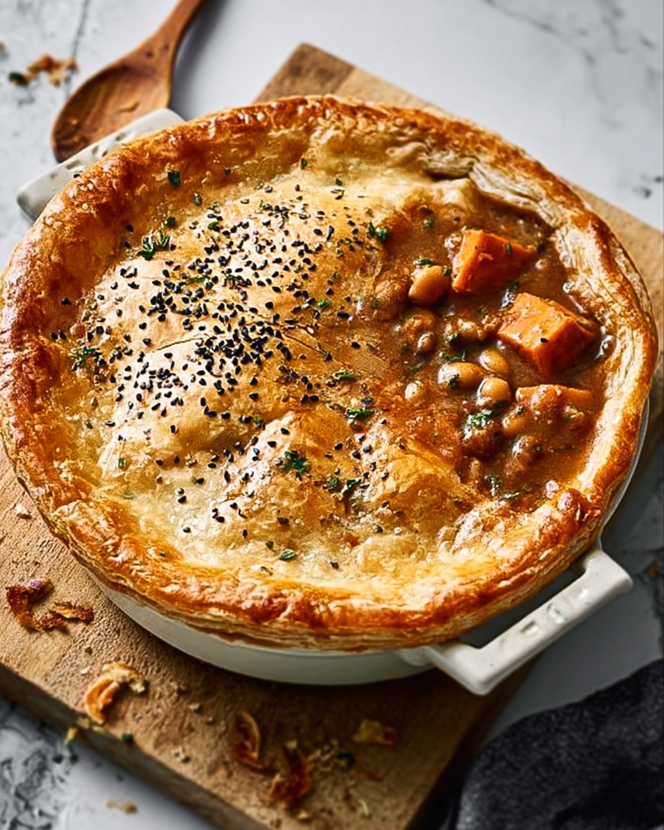 The image shows a round pot pie with a thick golden-brown crust topped with black sesame seeds, covering a filling inside. One part of the crust is cut open to reveal a chunky, orange stew with visible pieces of vegetables and meat in a thick sauce. The pie is in a white pot with handles on both sides, placed on a white marbled board with some crumbs around it. A white spoon with some leftover filling rests on the board near the pot, and a woman's hand holds it. The background is a white marbled texture. photo taken with an iphone --ar 4:5 --v 7