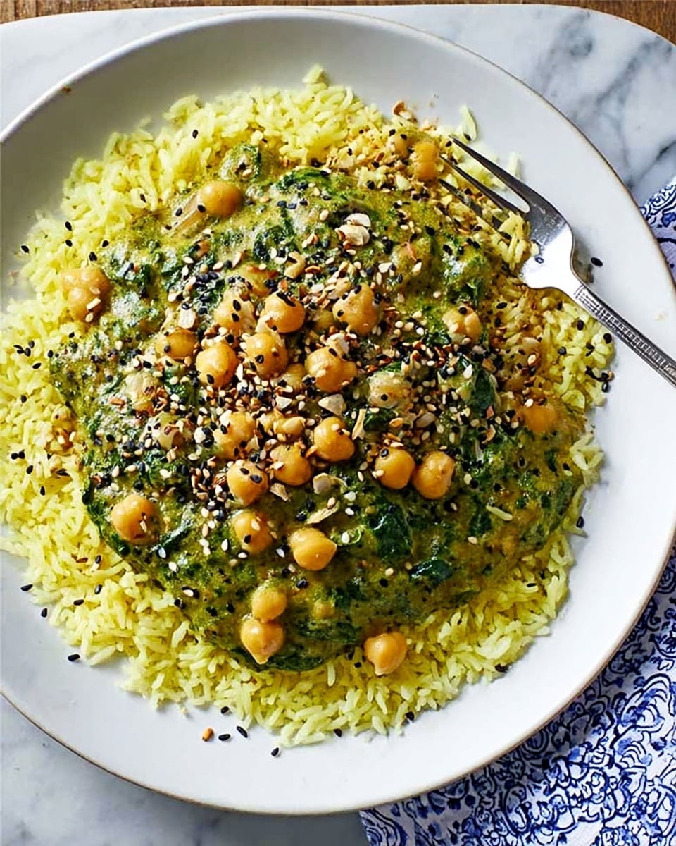 A white plate filled with a layer of yellow rice as the base, topped with a thick layer of greenish chickpea and spinach curry mixed with spices. On top of the curry, there is a sprinkle of mixed white and black sesame seeds and some small crumbled bits that add texture. A silver fork rests on the right side of the plate, partially dipped into the food. The plate sits on a white marbled surface with a hint of a blue patterned cloth on the upper right corner. Photo taken with an iphone --ar 4:5 --v 7