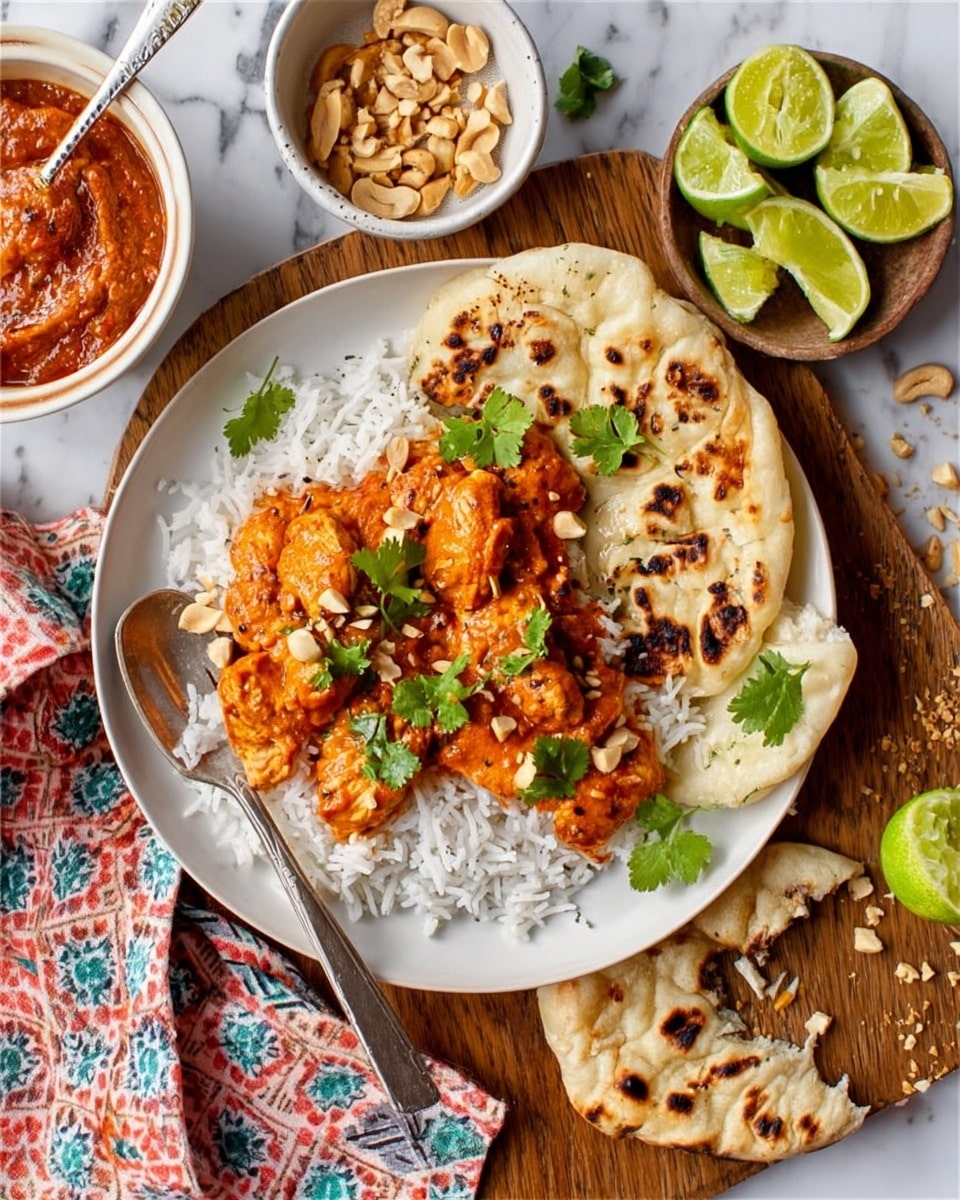 A white plate on a white marbled surface holds a dish with three layers: at the bottom, a flat, browned naan bread is partially covered by a layer of plain white rice, topped with several pieces of reddish-orange chicken garnished with green cilantro leaves and small nut pieces. Two lime wedges rest on the edge of the naan. Nearby on the surface are a colorful triangular-patterned cloth, a small brown bowl of thick red sauce with a silver spoon, a wooden bowl with sliced almonds, and extra lime wedges scattered around. photo taken with an iphone --ar 4:5 --v 7