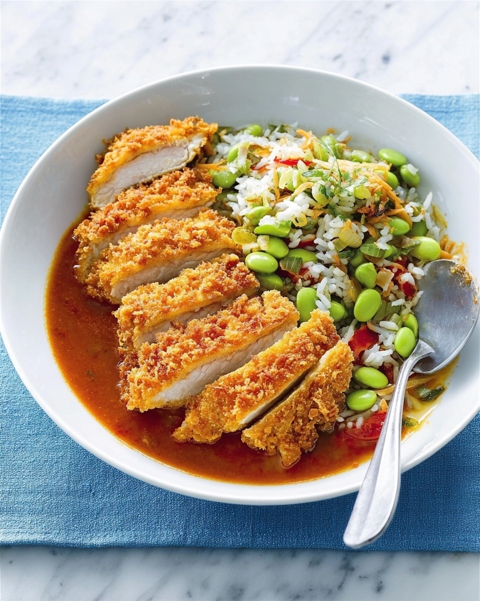 A white bowl holds a meal with three main layers: on the left, there are five slices of golden-brown crispy fried chicken laid out in a row over a pool of smooth reddish-brown sauce that fills the bottom of the bowl. On the right side, there is a mixture of white rice combined with green edamame beans and small slivers of red vegetables, creating a fresh, colorful contrast. A silver spoon rests inside the bowl on the right side, with some of the rice and sauce scooped onto it. The bowl is placed on a blue cloth over a white marbled surface. Photo taken with an iphone --ar 4:5 --v 7
