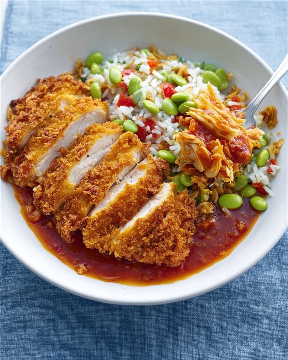 A white bowl on a blue fabric holds a colorful meal with three main parts: on the left side, five thick slices of crispy golden brown fried chicken breast rest partly in a rich red sauce that pools at the bottom of the bowl, showing a crunchy texture. On the right, a silver spoon lifts shredded chicken covered in the same red sauce, displaying tender layers of meat. At the top, a fresh mix of fluffy white rice with scattered bright green edamame beans and small pieces of red pepper adds vibrant color and a soft texture contrast against the crunchy chicken and smooth sauce. The photo was taken with an iphone --ar 4:5 --v 7