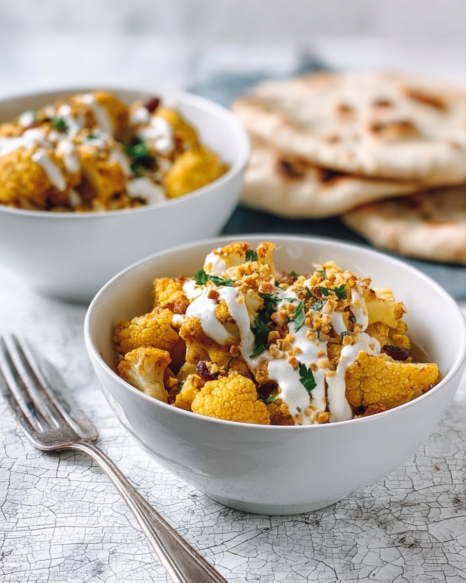 The image shows two white bowls filled with a layered dish. The bottom layer seems to be made of cooked golden-yellow cauliflower pieces with some red spices. On top, there is a drizzle of thick white sauce, and garnished with small green herbs and some golden crushed nuts. Next to the bowls, there are pieces of flatbread with a few dark spots and raisins visible inside. A silver fork lies in front of the bowls on a cracked white surface, and a woman's hand is partially visible holding the surface. The background is a white marbled texture. photo taken with an iphone --ar 4:5 --v 7