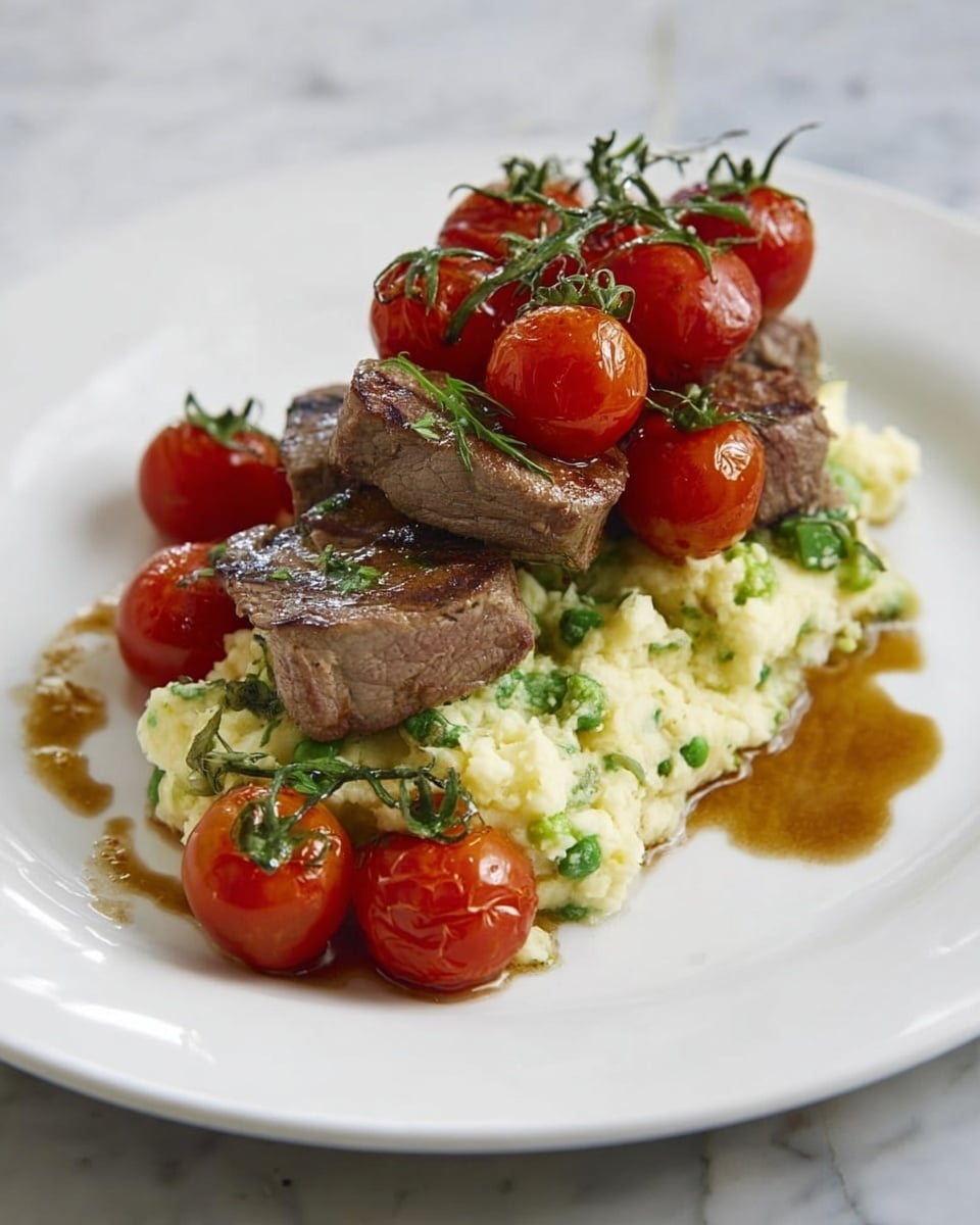 A white plate on a white marbled surface holds a serving of mashed potatoes mixed with green herbs and small pieces of vegetables, showing a creamy texture with some green specks. On top of the mashed potatoes are two pieces of cooked meat, browned and slightly glossy with sauce around them. Resting on the meat is a small bunch of bright red roasted cherry tomatoes still on the vine, with one loose tomato next to the meat. The colors are mostly earthy tones with a pop of red, and the lighting is soft and natural. Photo taken with an iphone --ar 4:5 --v 7