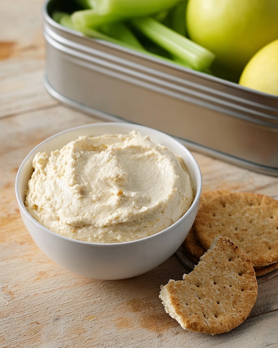 The image shows a small white bowl filled with a thick, creamy beige spread with a slightly grainy texture. The bowl is placed on a smooth light wooden surface. Next to the bowl, there are two round, light brown crackers; one is whole, and the other has a bite taken out of it. Behind the bowl, there is a metal container partially visible, holding green celery sticks and a red apple. The whole scene has a casual, simple feel. Photo taken with an iphone --ar 4:5 --v 7