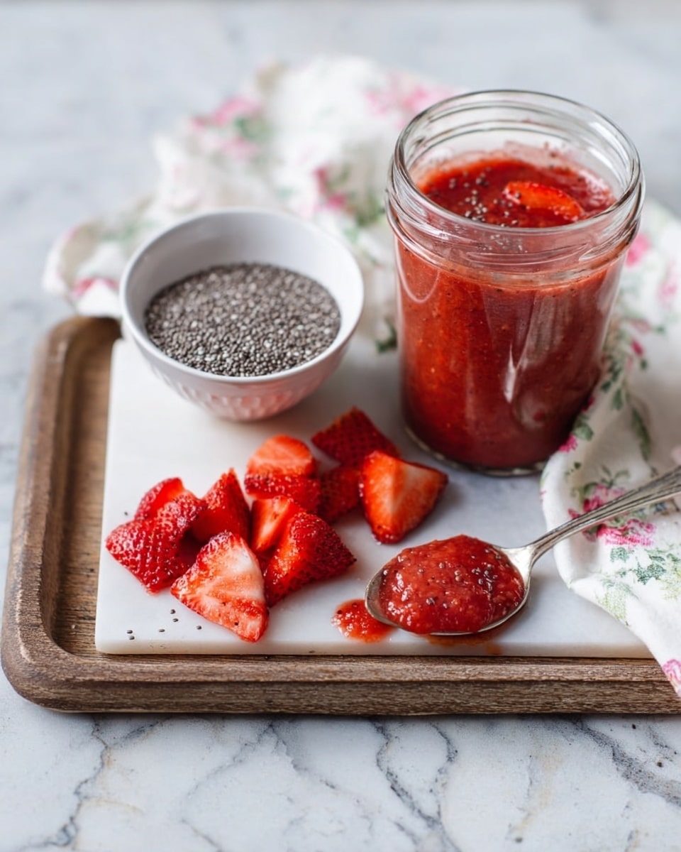 A clear glass jar filled with red strawberry jam, showing pieces of strawberry inside, sits on the right side of a white marbled wooden tray. Next to the jar, on the left, are fresh cut strawberry halves and slices scattered in a small cluster. A silver spoon with some strawberry jam on it rests below the strawberries, with a small drop of jam on the tray underneath. On the top left corner of the tray, there is a small white bowl filled with black and white chia seeds. A floral cloth napkin with pink and green flower patterns is placed behind the jar. The whole setup is on a white marbled surface. photo taken with an iphone --ar 4:5 --v 7