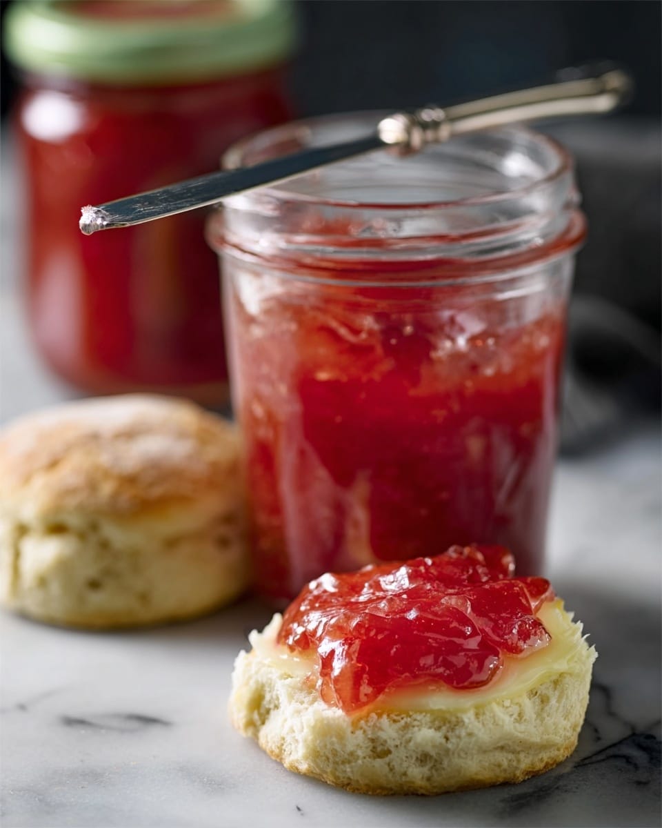 The image shows a clear glass jar filled with chunky red jam, with some jam on a knife resting on top of the jar. In front, there is a split biscuit with a golden-brown crust, filled with a layer of pale yellow butter and topped with a generous spoonful of the red jam. Behind the jar, there is another full jar with a metal green lid. All items rest on a white marbled surface. photo taken with an iphone --ar 4:5 --v 7