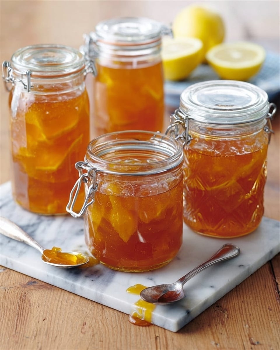 Four clear glass jars filled with golden orange marmalade are placed on a wooden surface. One jar in the front right is open with a spoon inside, showing chunky fruit pieces suspended in the jelly-like spread. Another jar in the front left has a metal clasp lid securely closed. Two jars are in the back, one with a silver spoon sticking out and the other with an orange lid on. A spoon with a bit of marmalade lies on the table in front of the jars, catching some light to show its shiny texture. The scene has a soft, natural daylight feel. Photo taken with an iphone --ar 4:5 --v 7