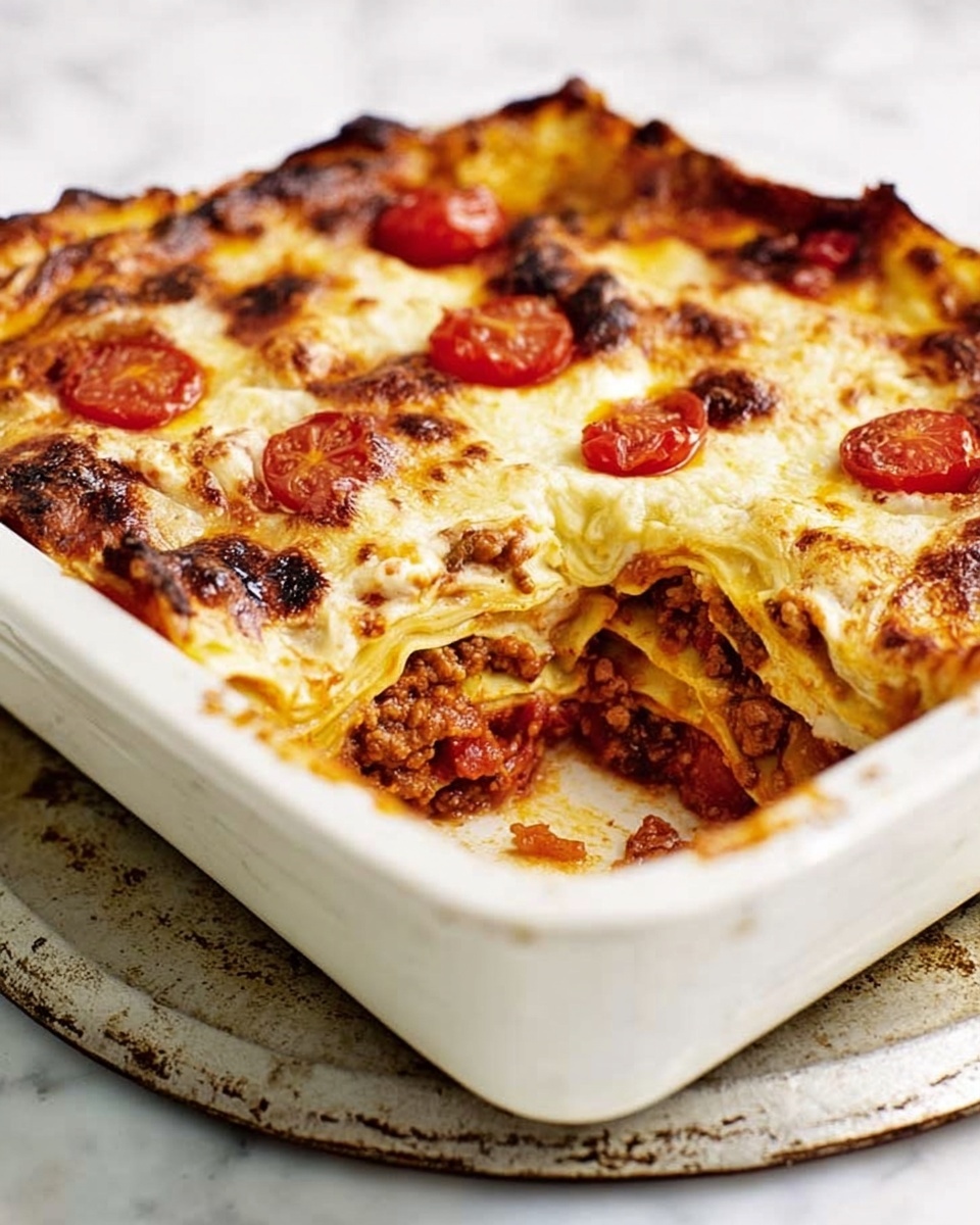 The image shows a white rectangular dish filled with a baked lasagna. The top layer is golden brown with melted, slightly crispy cheese and scattered small slices of red chili. Below the cheese, visible through a missing piece, are several layers of pasta sheets that are light beige with a soft texture, alternating with thick layers of dark red tomato sauce mixed with browned ground meat and some mushrooms. The dish rests on a vintage light blue trivet, all set on a white marbled surface. Photo taken with an iphone --ar 4:5 --v 7