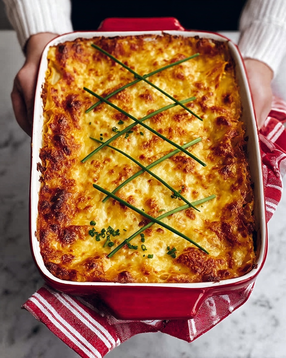 A red rectangular baking dish filled with a golden-brown baked casserole that has a melted cheese top layer with slightly browned spots, decorated with green chives laid in a zigzag pattern on the surface. The casserole shows hints of a soft sauce and pasta layers beneath the cheese, visible along the edge. A woman's hands hold the dish carefully with a red and white striped cloth, set against a white marbled background. photo taken with an iphone --ar 4:5 --v 7