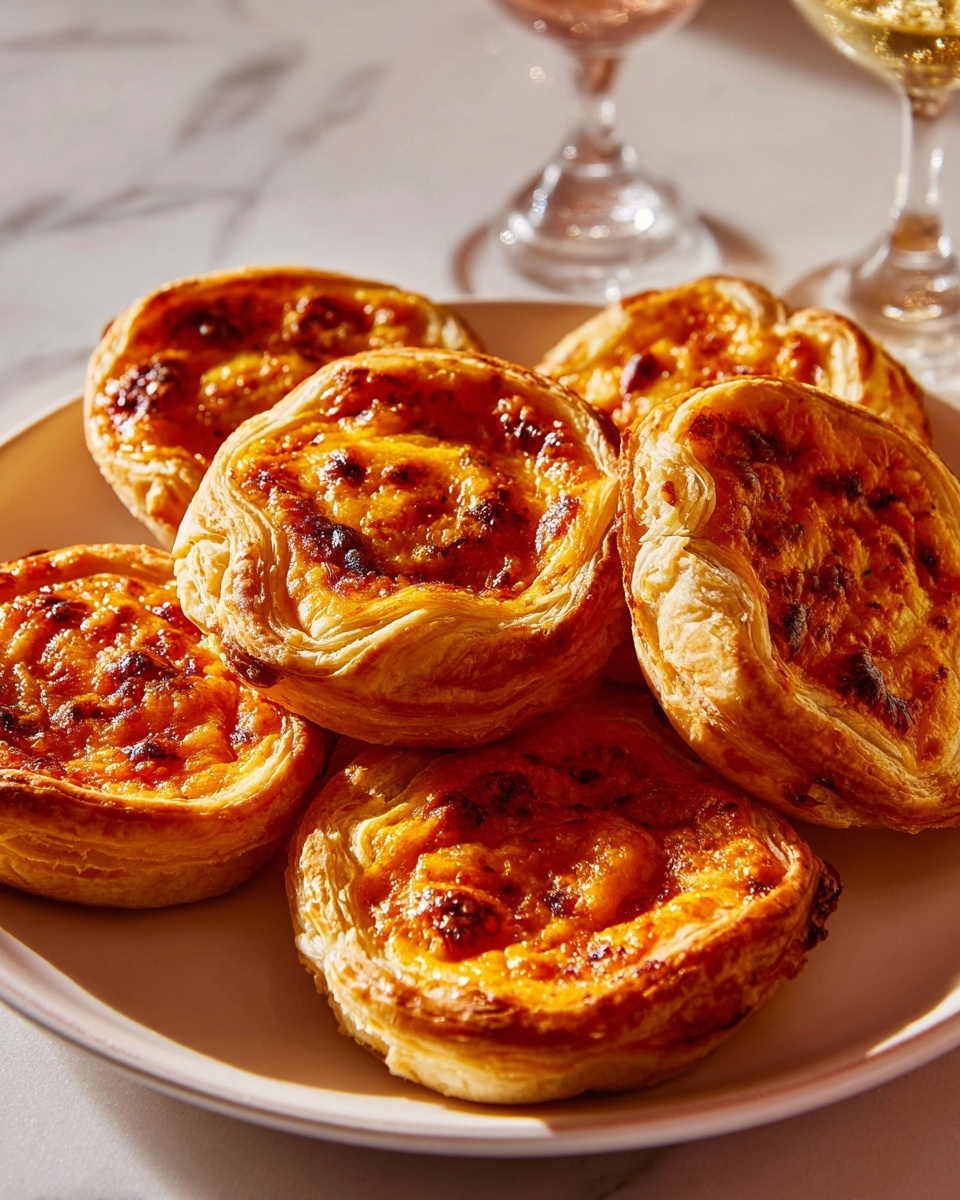 A white plate holds six round puff pastries, each with a golden brown crust and filled with a bright orange cheese and tomato mixture that is slightly browned and bubbly on top. The pastries are thick, showing several flaky layers around the edges, with a swirled pattern of filling inside. The plate is placed on a white marbled surface, and two empty wine glasses with thin stems are visible in the blurred background. photo taken with an iphone --ar 4:5 --v 7