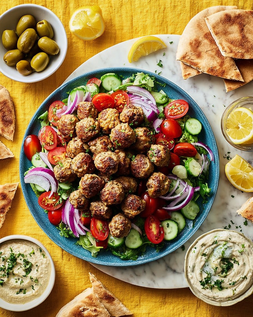 A blue plate filled with three layers: the bottom layer is a mix of chopped cucumber pieces and sliced red onion rings scattered across the plate, the middle layer has halved small red cherry tomatoes placed evenly, and the top layer is made up of many small brown, crispy meatballs spread out to cover the vegetables below. Surrounding the plate are small white bowls with pale yellow hummus topped with green parsley and a creamy sauce with green herbs, a white plate of green olives, some cut white pita bread pieces, and a clear glass of water with a lemon slice on a white marbled surface covered by a yellow cloth. photo taken with an iphone --ar 4:5 --v 7