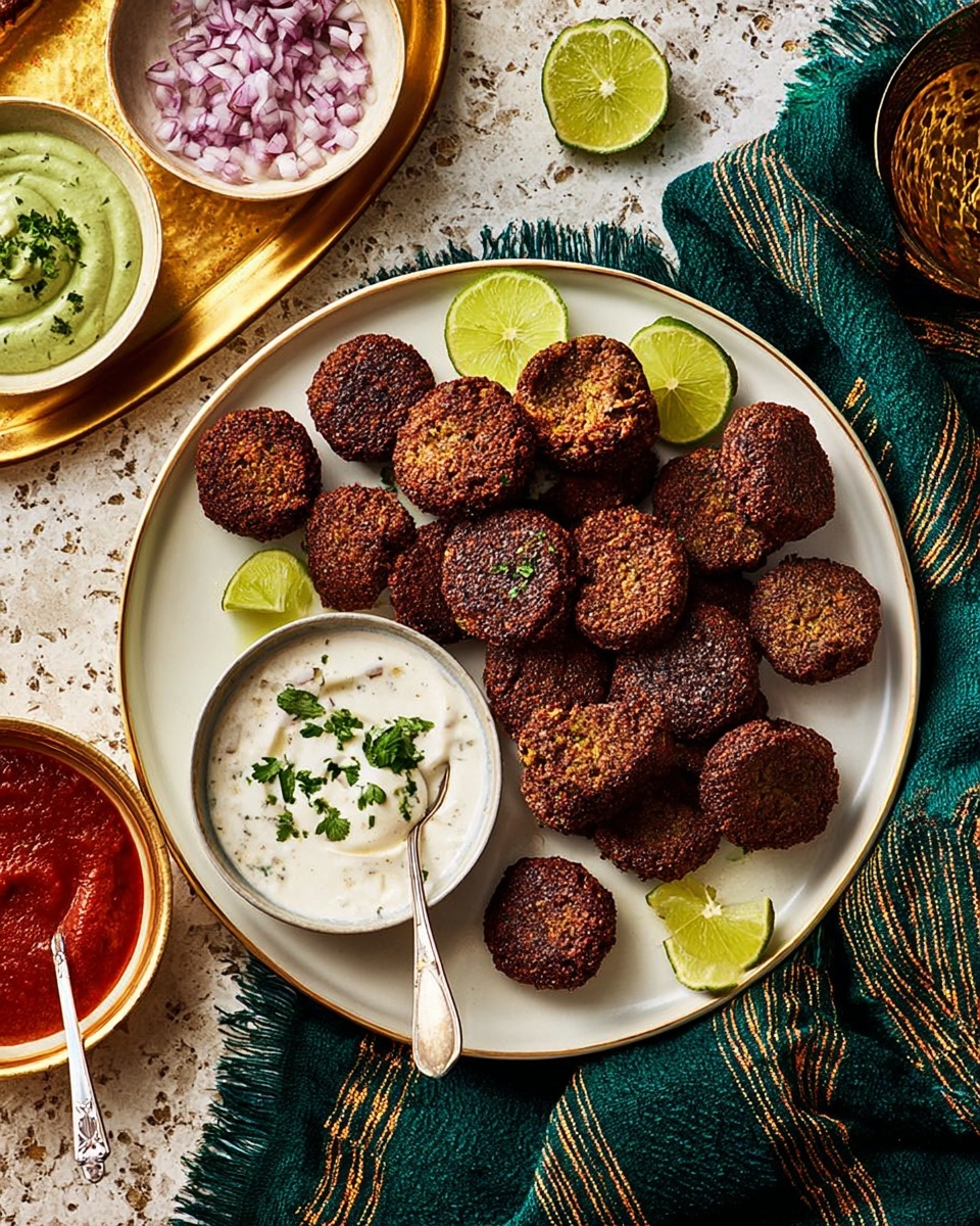 A round white plate with a light blue inner surface holds about twenty small, round, dark brown fried patties with a crispy texture, some sprinkled with coarse salt. On the top right edge of the plate sit three lime wedges, bright green with juicy pulp. A small beige bowl rests on the top left of the plate, filled with a thick white sauce garnished with small green herbs, with a spoon inside it. Surrounding the plate are three small bowls: one with a chopped red onion and herbs mixture, one with a dark brown sauce, and one with a green sauce, all placed on a white marbled textured surface. A dark green cloth napkin with thin yellow lines is draped next to the sauces. photo taken with an iphone --ar 4:5 --v 7