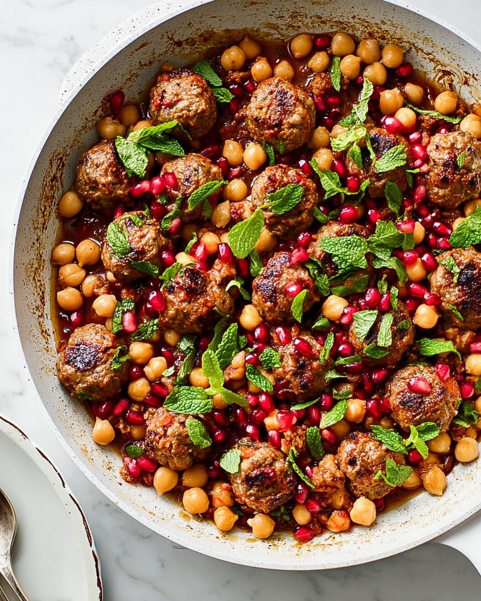 A silver pan filled with a colorful dish featuring five brown meatballs spread evenly among a base of light tan chickpeas. Bright red pomegranate seeds are scattered on top, adding pops of color, along with fresh green chopped parsley sprinkled throughout. The sauce beneath the ingredients is a warm reddish-brown, giving a slightly glossy texture and coating the chickpeas and meatballs. The pan sits on a white marbled textured surface and a white cloth is visible under one side of the pan. photo taken with an iphone --ar 4:5 --v 7