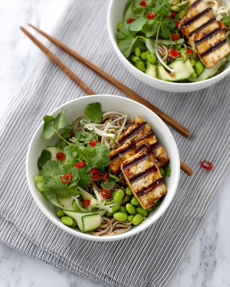 Two white bowls sit on a white marbled surface covered with a soft gray and white striped cloth. Each bowl holds a fresh, colorful salad layered with green leaves, edamame, and spiralized pale noodles at the bottom. On top are two pieces of grilled tofu with visible char marks, angled across the bowl. Bright red chili pieces and cilantro leaves add pops of color throughout. A pair of wooden chopsticks with silver tips rests beside the front bowl. A woman's hand gently holds a pair of chopsticks near the top right of the frame. Photo taken with an iphone --ar 4:5 --v 7