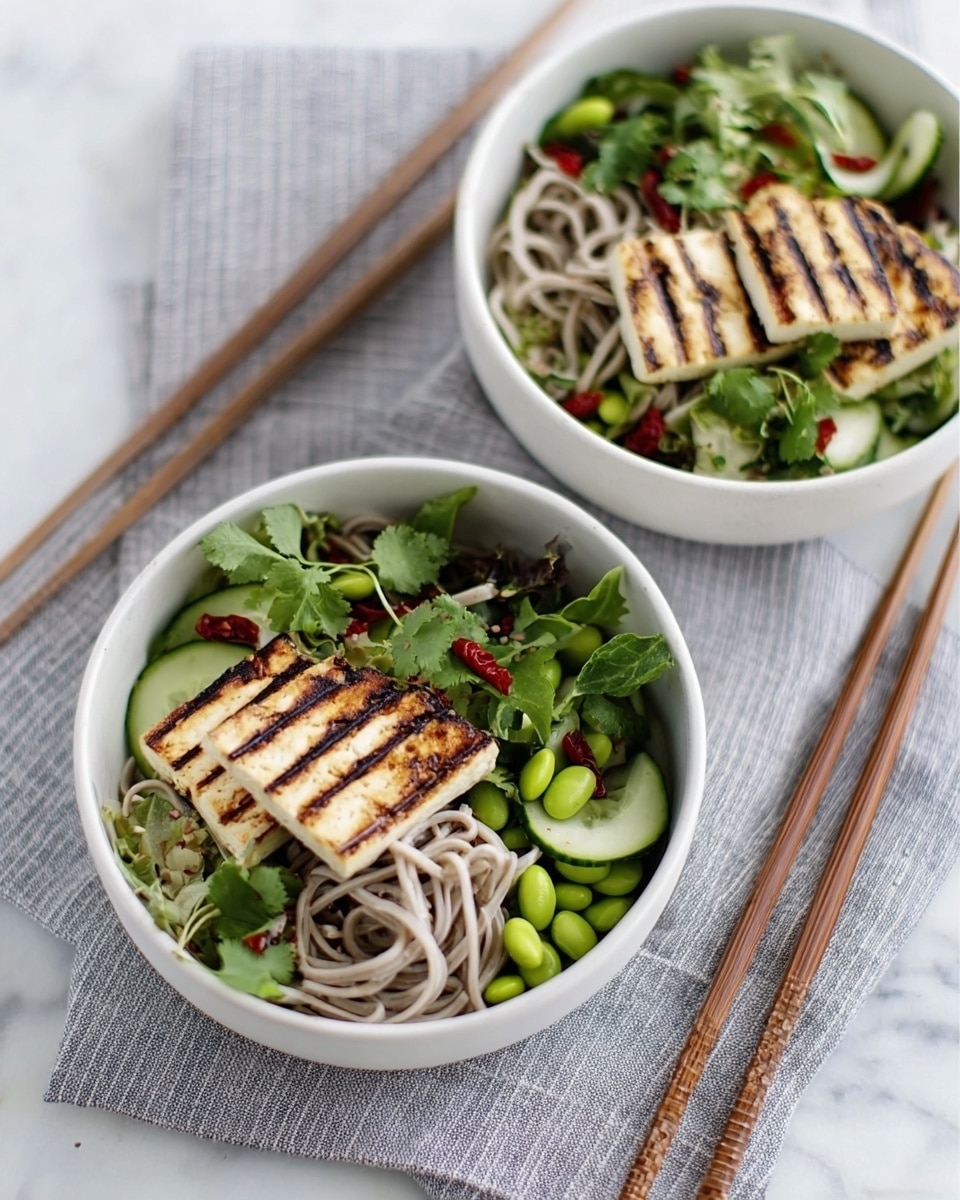The image shows two white bowls with fresh salad on a white marbled textured surface. Each bowl contains a bed of green leafy vegetables mixed with edamame beans, thin cucumber slices, chopped red chili, and fresh cilantro leaves. On top, there are two pieces of grilled tofu with clear grill marks, placed diagonally. The salad also includes some thin light brown sprouts and noodles mixed in. The bowls are placed on a light grey and white striped cloth, with wooden chopsticks resting beside each bowl. The overall look is fresh and colorful with a clean, simple background. photo taken with an iphone --ar 4:5 --v 7