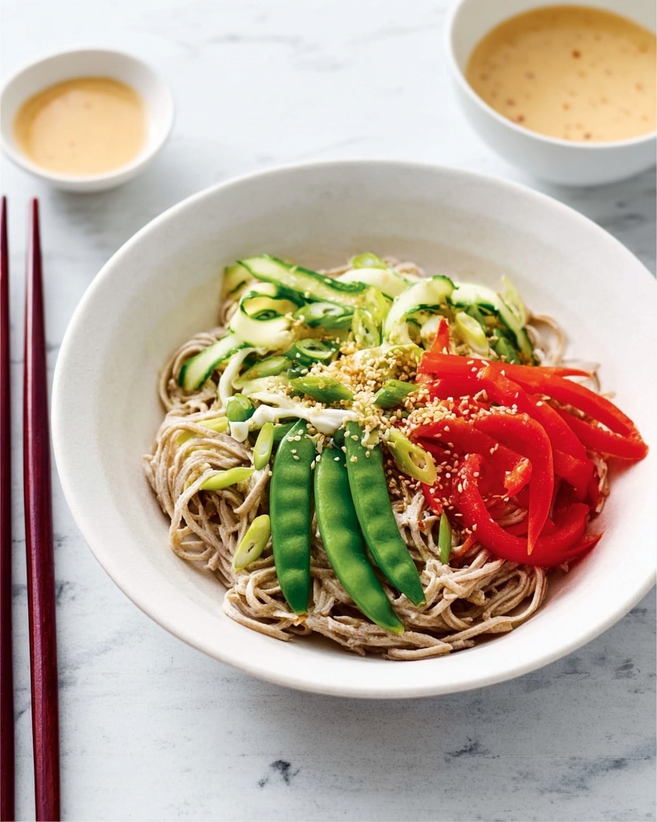 The image shows a white bowl filled with several layers of food placed on a white marbled surface. The bottom layer consists of light brown noodles that have a smooth, slightly twisted texture. On top of the noodles, there are thin strips of bright red peppers arranged in a small pile to one side. Next to the peppers, there are fresh green snap peas with a shiny surface, placed lengthwise. Adjacent to the peas are thinly sliced cucumber curls, pale green with a slightly translucent look. The dish is lightly sprinkled with a beige powder seasoning that adds texture. A pair of dark red chopsticks rests on the left side of the bowl, and a small white bowl with a light brown sauce is seen in the background. Photo taken with an iphone --ar 4:5 --v 7