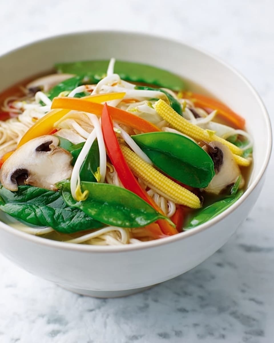A white bowl filled with a colorful vegetable noodle soup sits on a white marbled texture. The soup has several layers: at the bottom are pale, smooth noodles, topped with bright yellow baby corn, thin orange carrot strips, dark green leafy spinach, and fresh green snap peas. There are also pale beige mushroom slices and white bean sprouts scattered on top. The soup broth is clear, showing all the vegetable details clearly. photo taken with an iphone --ar 4:5 --v 7
