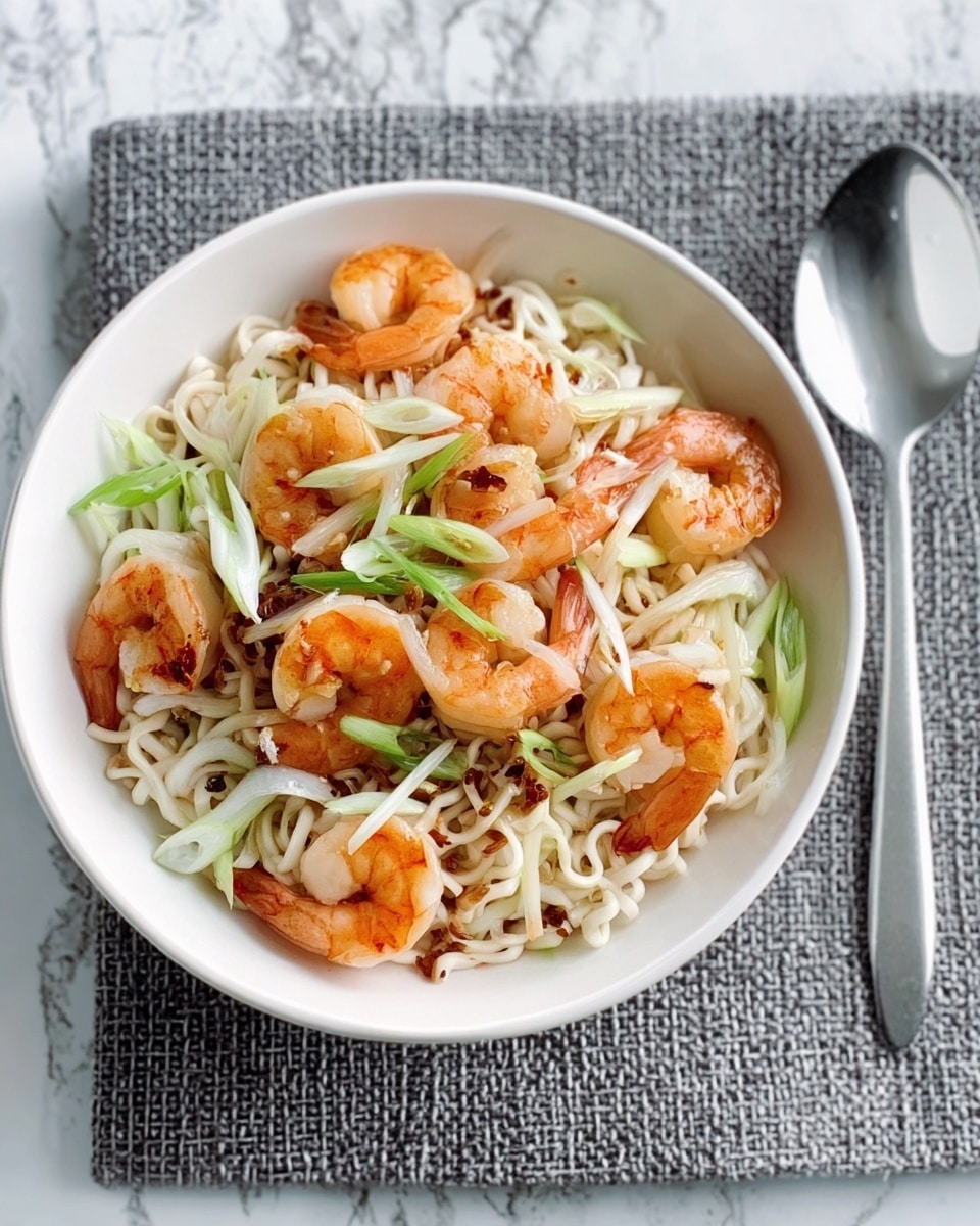 A white bowl filled with a bed of light yellow noodles as the base layer, topped with a layer of green sliced vegetables and white bean sprouts, and finished with a layer of golden-brown cooked shrimp scattered evenly on top, some shrimp drizzled with a dark sauce and small red chili pieces adding color contrast, the bowl is placed on a textured brown mat on a white marbled surface with a large silver spoon on the right side, photo taken with an iphone --ar 4:5 --v 7