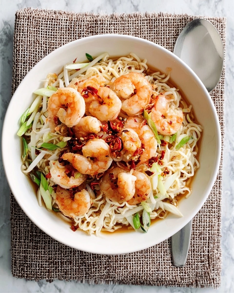 A white bowl filled with three layers: the bottom layer is light yellow noodles, the middle layer is thin slices of light green and white vegetables like cabbage and scallions, and the top layer is cooked shrimp with a golden brown and slightly red sauce, scattered over the vegetables. The bowl sits on a brown woven mat on a white marbled surface, with a silver spoon placed next to it on the right side. photo taken with an iphone --ar 4:5 --v 7