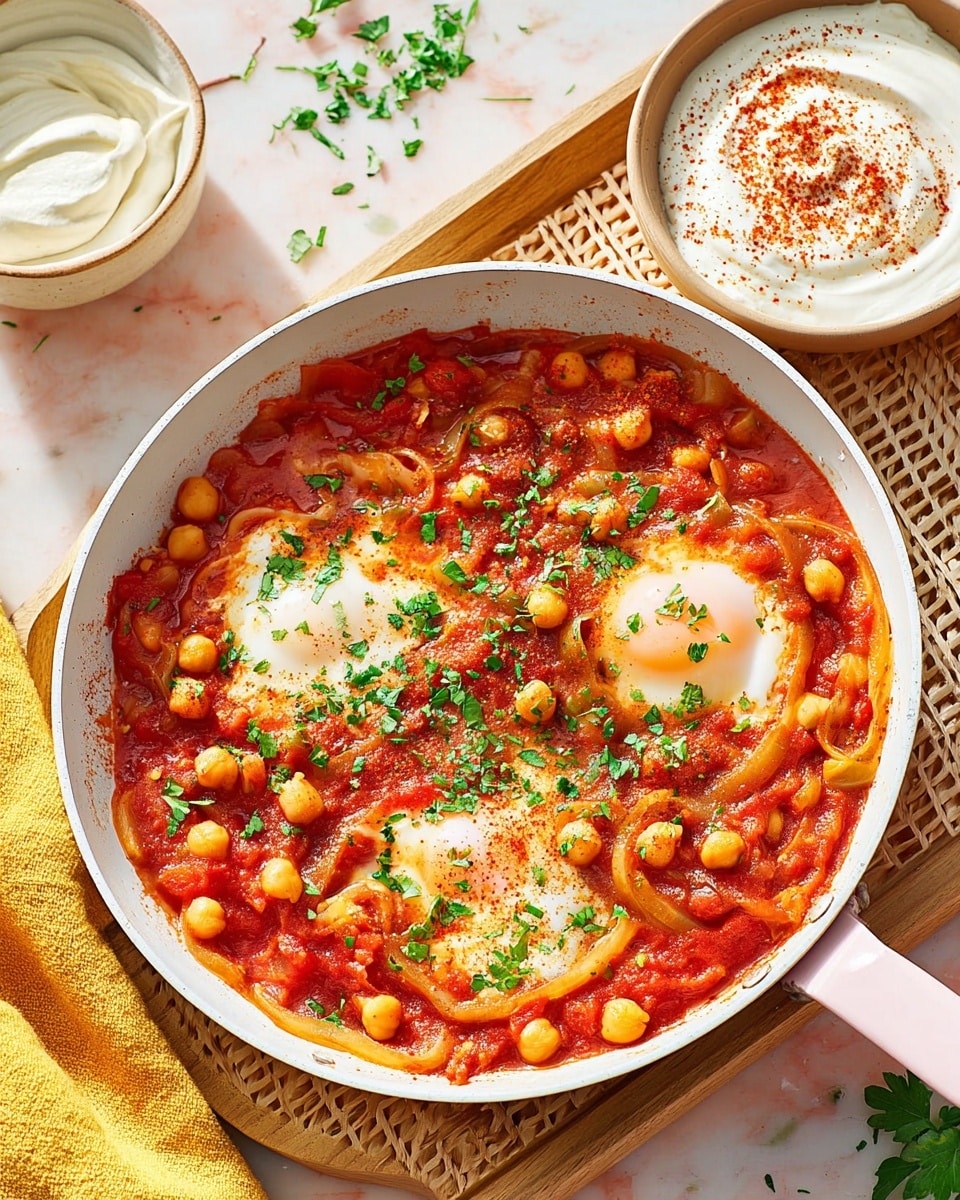The image shows a white pan filled with a colorful stew made of chickpeas, tomato sauce, and cooked onions. There are two poached eggs placed near the center, with the whites set but soft, sitting on top of the red tomato base. Bright green chopped parsley is sprinkled generously over the dish, adding a fresh contrast. The pan rests on a light wooden trivet over a white marbled surface. Nearby, there’s a white bowl of creamy sauce with a dusting of reddish spice on top, and a small tan dish holding more chopped parsley. A yellow cloth is partly visible on the left side. photo taken with an iphone --ar 4:5 --v 7
