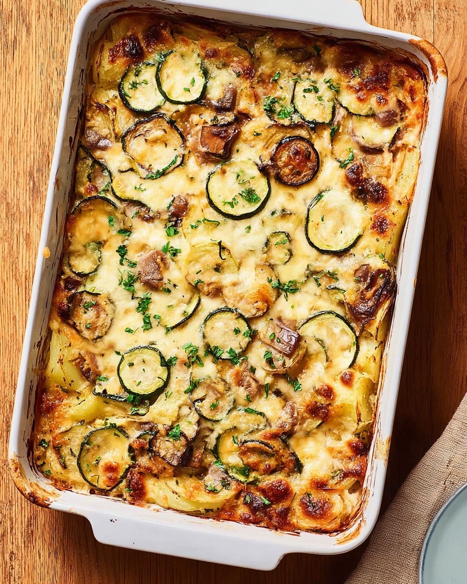 A white rectangular baking dish holds a baked casserole with a golden brown crispy top layer scattered with chopped green herbs. The top layer features slices of grilled zucchini with dark brown edges and light green centers, along with browned melted cheese that is bubbly and slightly golden, covering an unseen mix below. The casserole edges show some bubbling and slight crisping where the cheese browned. The dish sits on a wooden surface with a pale orange cloth visible on the right side. photo taken with an iphone --ar 4:5 --v 7