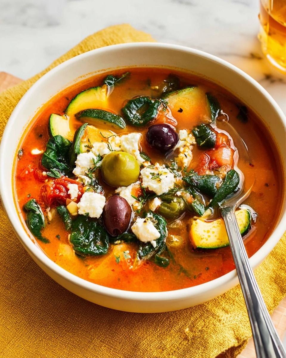 A white bowl filled with a vibrant vegetable soup, showing around five layers of chunky ingredients: the bottom layer is a bright red tomato broth, followed by a mix of small beige beans and diced orange carrots, then a layer of dark green spinach leaves scattered throughout. On top, there are thick slices of green and yellow zucchini and large black and green olives, finished with chunks of white feta cheese. A silver spoon is placed inside the bowl on the right side. The bowl sits on a yellow cloth, placed on a white marbled surface. Photo taken with an iphone --ar 4:5 --v 7