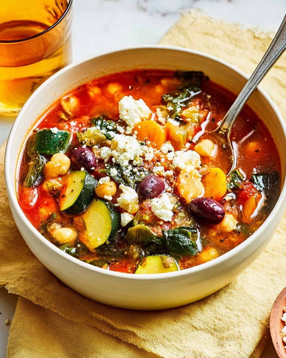 A white bowl filled with a vegetable soup that has a rich red broth. The soup has several layers: the bottom layer is a thick red tomato base, the next layer contains green cooked spinach leaves scattered throughout, followed by chunks of green and purple olives on top. There are also pieces of light yellow squash and orange carrot mixed inside, with white crumbles of cheese placed on the surface. A silver spoon is inside the bowl on the right side, and the bowl rests on a yellow cloth on a white marbled table. In the background, part of a glass with a yellow drink and a brown bowl with bread are visible. Photo taken with an iphone --ar 4:5 --v 7
