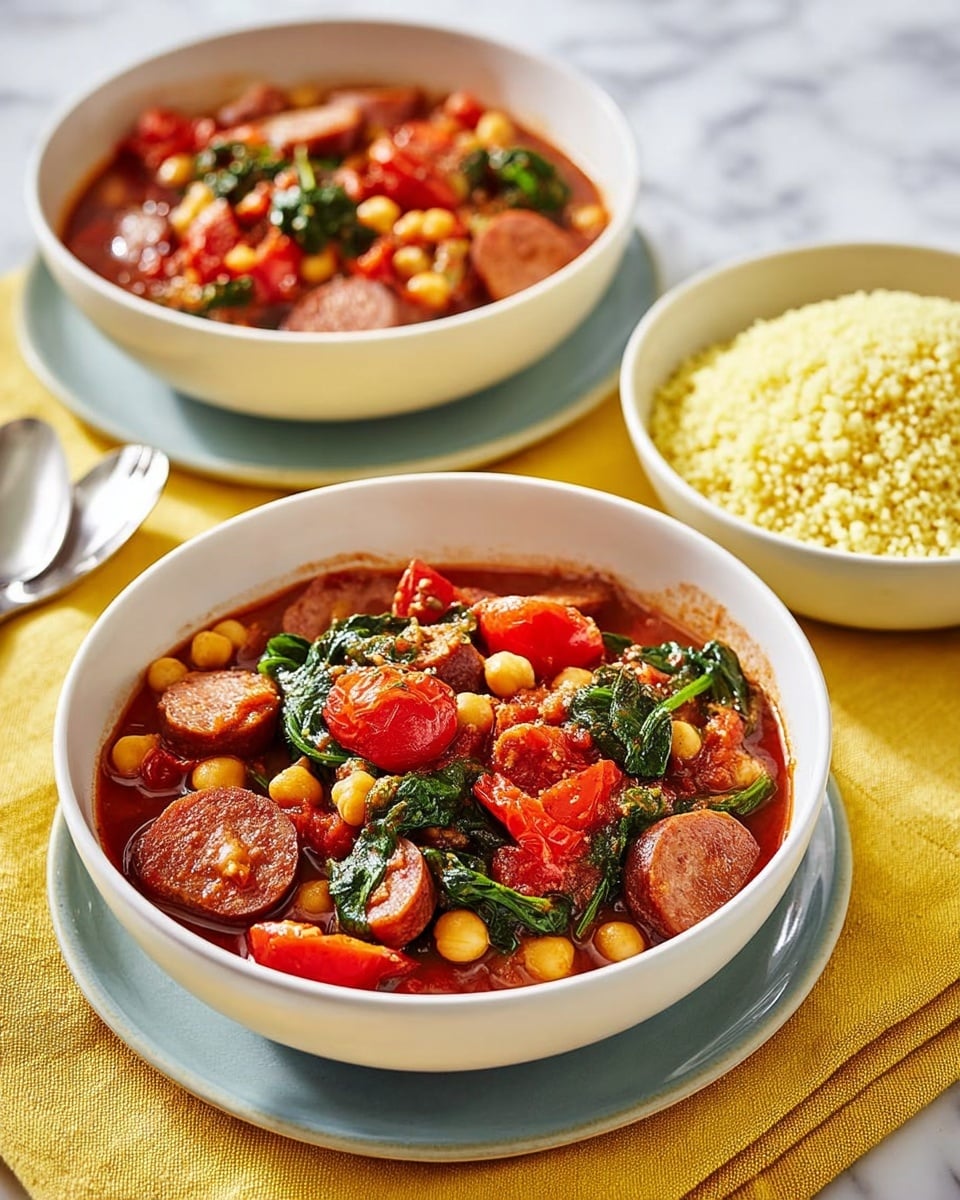 Two white bowls filled with a colorful stew sit on gray plates on a yellow fabric surface. The stew has several layers: on the bottom is a dark red sauce, above which are round slices of browned sausage, bright green spinach leaves, beige chickpeas, and halved red cherry tomatoes. The bowls are filled to the brim with the mixture, showing a rich and hearty texture. In the background, there is a third white bowl filled with a light beige grain, likely couscous. The overall scene includes a clear glass of water in the back. The photo taken with an iphone --ar 4:5 --v 7