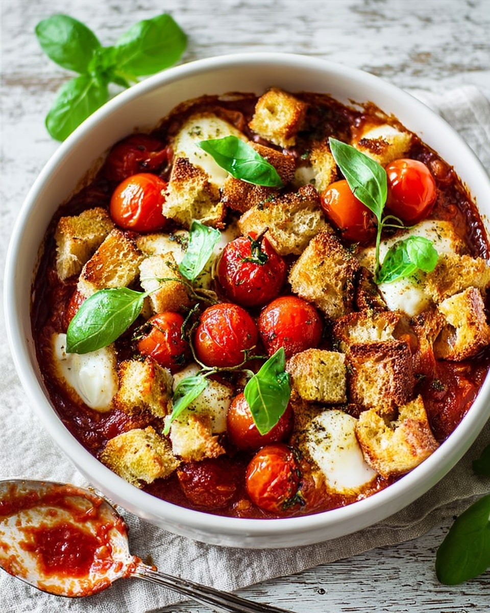 A white round bowl filled with a vibrant layer of red tomato sauce at the bottom, topped with several red cherry tomatoes scattered around. Above the tomatoes, there are melted white cheese patches looking soft and slightly browned. On top of the cheese, golden brown toasted bread cubes are scattered unevenly, adding a crunchy texture. Fresh green basil leaves are placed on top, adding a pop of color and freshness to the dish. The bowl is set on a wooden surface, but the background is changed to a white marbled texture. A spoon with some tomato sauce residue lies beside the bowl, completing the setting. photo taken with an iphone --ar 4:5 --v 7