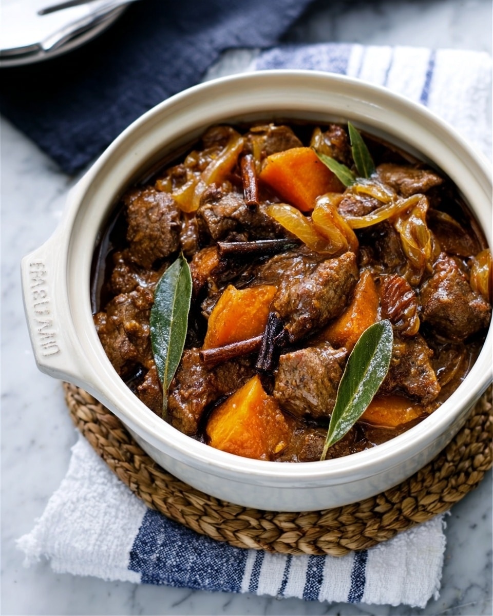 A white pot filled with a rich stew that has visible pieces of brown meat, orange carrot slices, green bay leaves, and darker brown cooked mushrooms, all mixed in a thick, creamy brown sauce. The pot sits on a woven mat, placed on a white marbled surface with a blue and white cloth napkin next to it. In the background, there is a white plate with some blue designs and a fork on it, partially visible. Photo taken with an iphone --ar 4:5 --v 7