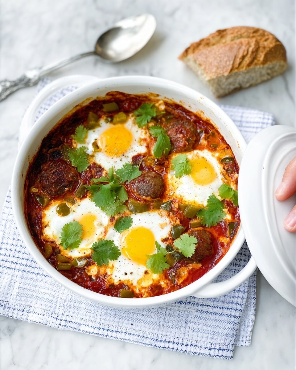 A white bowl with a lid slightly lifted by a woman's hand, showing a dish with at least three sunny yellow egg yolks and white cooked egg whites spread unevenly on top of a thick, reddish-brown tomato sauce mixed with green pepper slices and brown sausage pieces. The sauce looks chunky with some visible chickpeas and fresh green cilantro leaves scattered on top. The bowl sits on a white cloth with a blue checked pattern, placed on a white marbled surface. Next to the bowl, there is a silver spoon and a piece of torn bread. Photo taken with an iphone --ar 4:5 --v 7