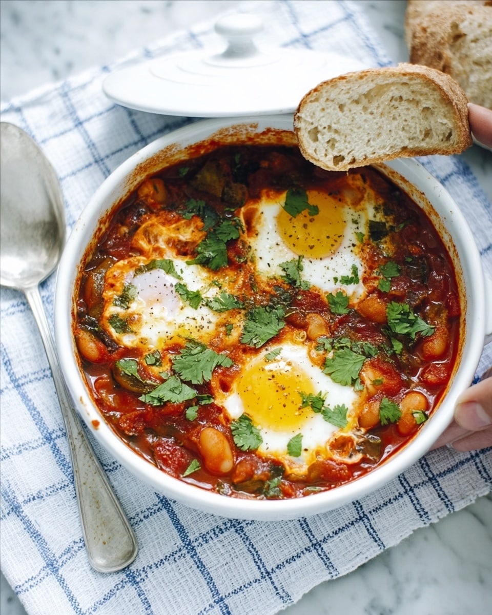 A round white bowl filled with a thick, rich red tomato sauce that has melted white cheese and four cooked eggs with bright yellow yolks partly covered by the sauce, scattered green cilantro leaves on top for garnish, and some chunks of vegetables and beans visible in the sauce; the bowl sits on a white cloth napkin with a blue checkered pattern underneath on a white marbled surface, with a silver spoon placed to the right of the bowl and pieces of crusty bread behind it. Photo taken with an iphone --ar 4:5 --v 7