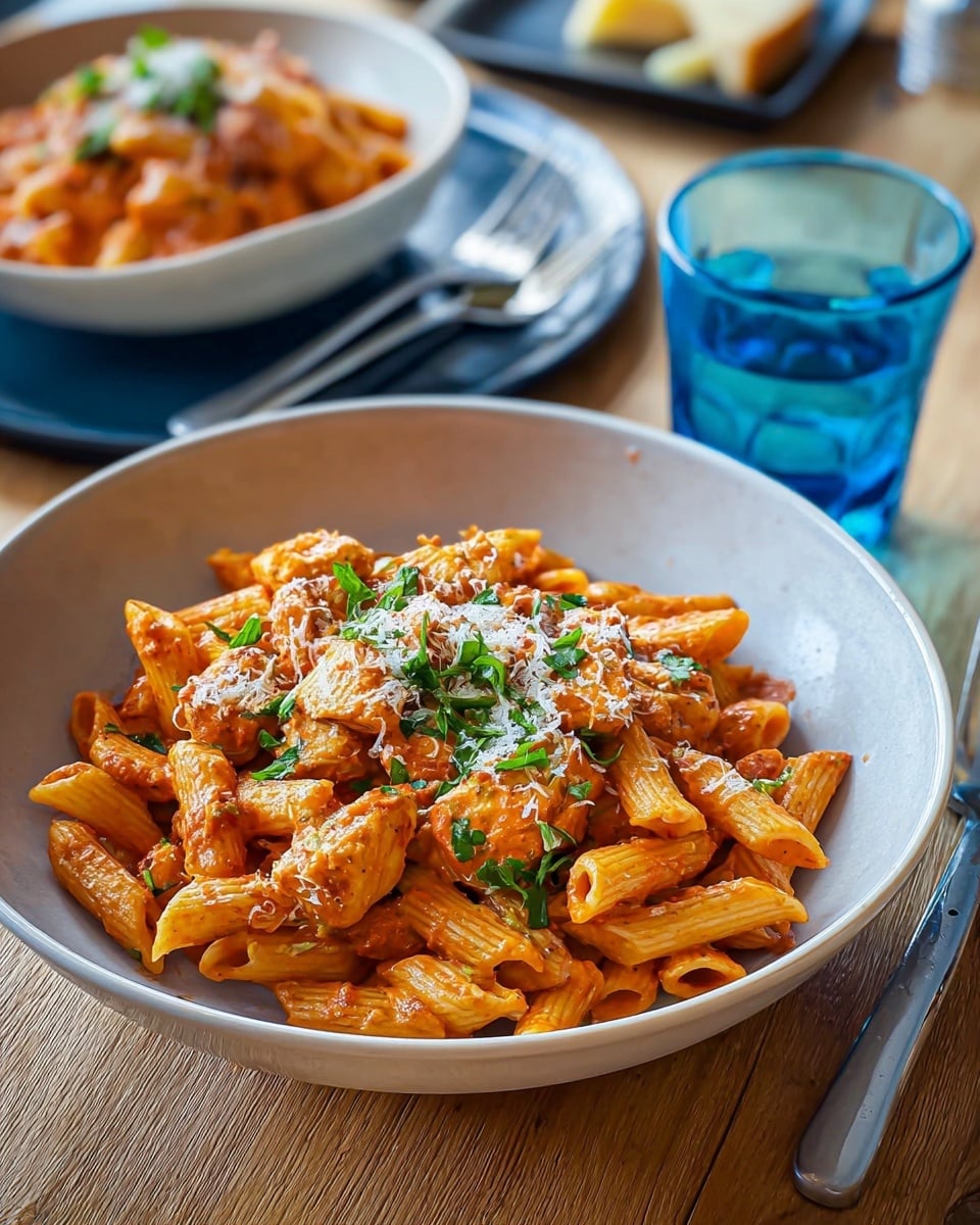 A meal of pasta served in a round dark blue bowl sits on a wooden table with a white marbled texture. The pasta is penne, cooked and coated in a thick orange-red tomato sauce, with chunks of light brown chicken scattered on top. Fresh green parsley is sprinkled generously over the pasta, along with fine white shreds of cheese that add texture and contrast. In the background, another bowl with the same dish is slightly out of focus, along with a bright blue glass of water with ice, and a plate holding grated cheese with a grater. Photo taken with an iphone --ar 4:5 --v 7