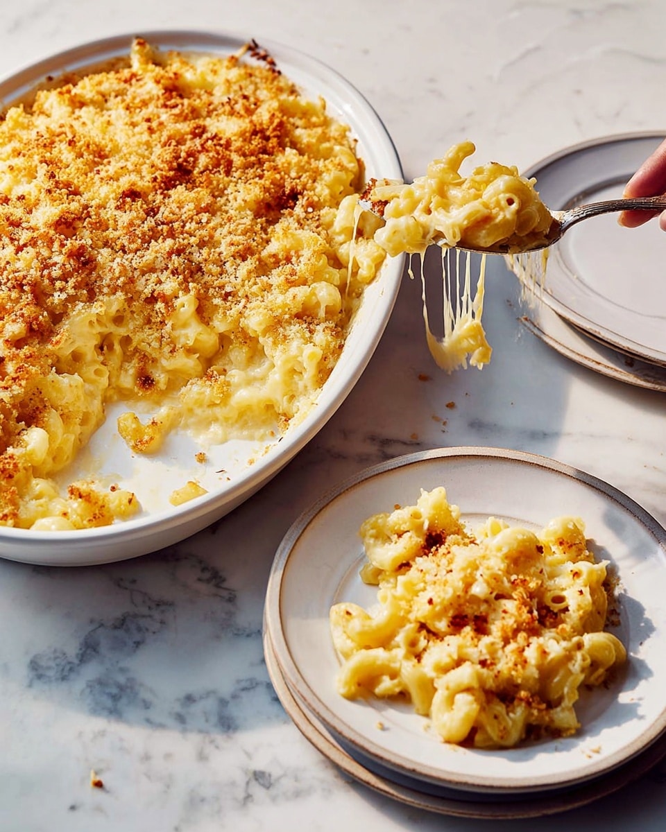 A white baking dish filled with creamy macaroni and cheese topped with a golden, crispy breadcrumb crust sits on a white marbled surface. A portion of the mac and cheese is being lifted by a fork, showing stretchy, melted cheese strands connecting the dish to a white plate stacked on two other white plates. The macaroni inside is coated in a light yellow cheese sauce with some bits of crust on top, creating a textured and inviting look. Photo taken with an iphone --ar 4:5 --v 7