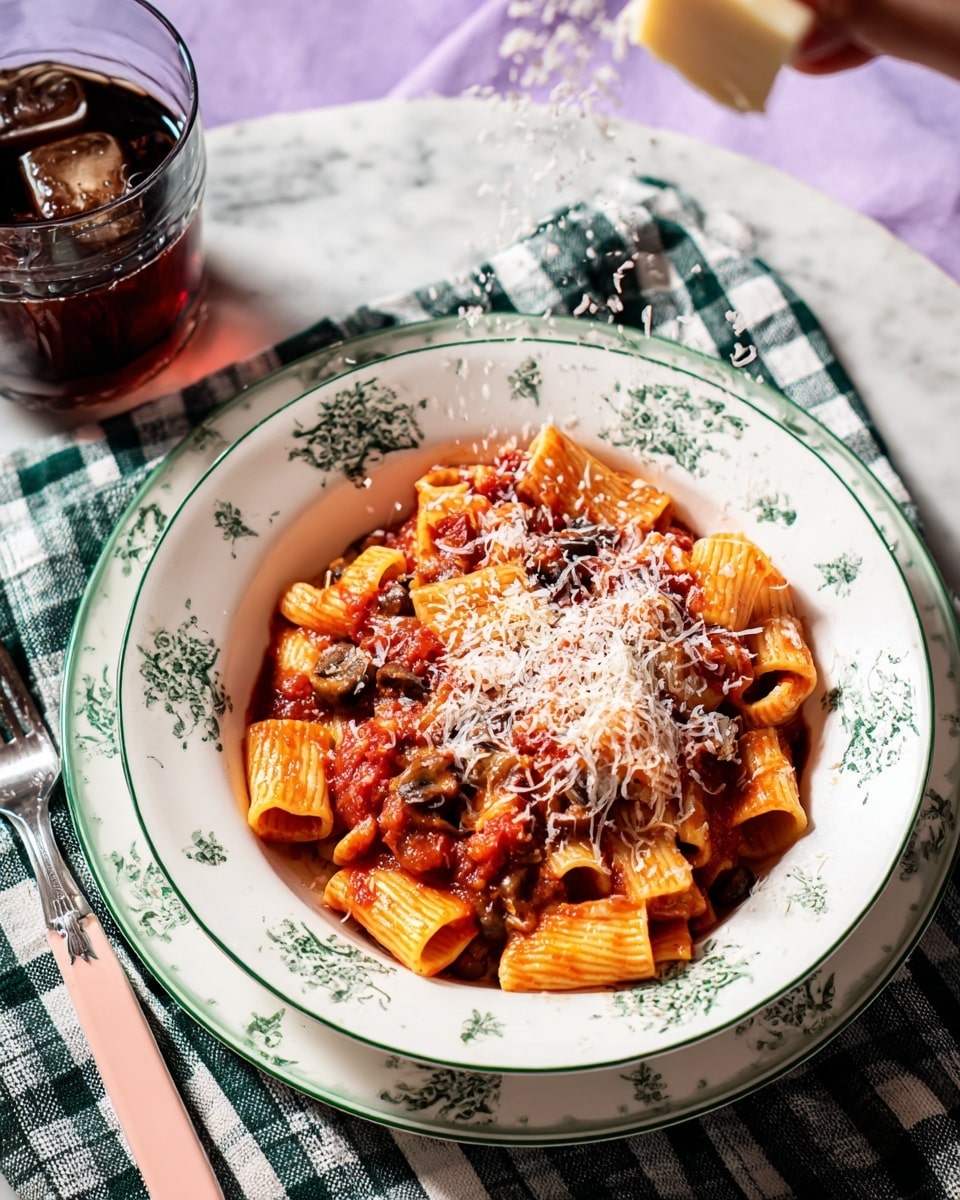 A plate of rigatoni pasta covered with bright red tomato sauce mixed with small pieces of vegetables and meat, topped with freshly grated white cheese. The pasta is in a white plate with dark green floral patterns around its rim, placed on top of another larger white plate with a green scalloped edge. Cheese is being grated over the pasta from above by a woman's hand holding a wedge of pale yellow cheese. The setting is on a white marbled textured surface with a green and white checkered cloth underneath the plates, a clear cup of dark red beverage, and a silver and pink-handled fork next to the plate. Photo taken with an iphone --ar 4:5 --v 7