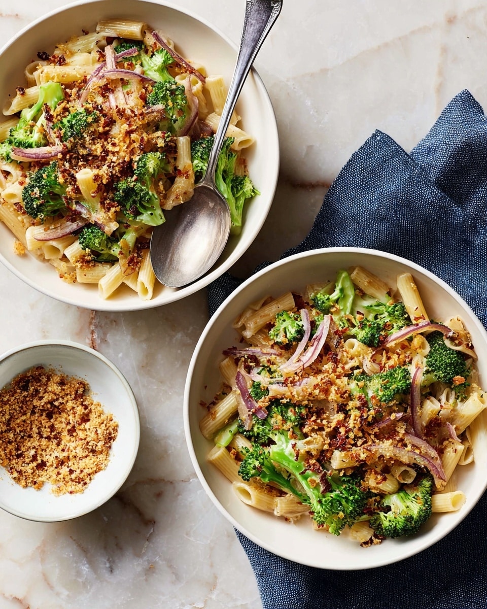 Two white bowls filled with a pasta dish made of three main layers: the base layer of light cream-colored dry pasta pieces mixed with thin slices of pale purple onions, the middle layer of bright green broccolini stalks placed on top and throughout, and the top layer sprinkled with golden-brown toasted breadcrumbs and red chili flakes for texture and color contrast. A silver spoon rests in the top bowl on the right side, and a small white bowl with extra toasted breadcrumbs and a silver spoon inside sits to the left. Both bowls are placed on a white marbled surface with a dark blue cloth napkin near the top bowl. Photo taken with an iphone --ar 4:5 --v 7