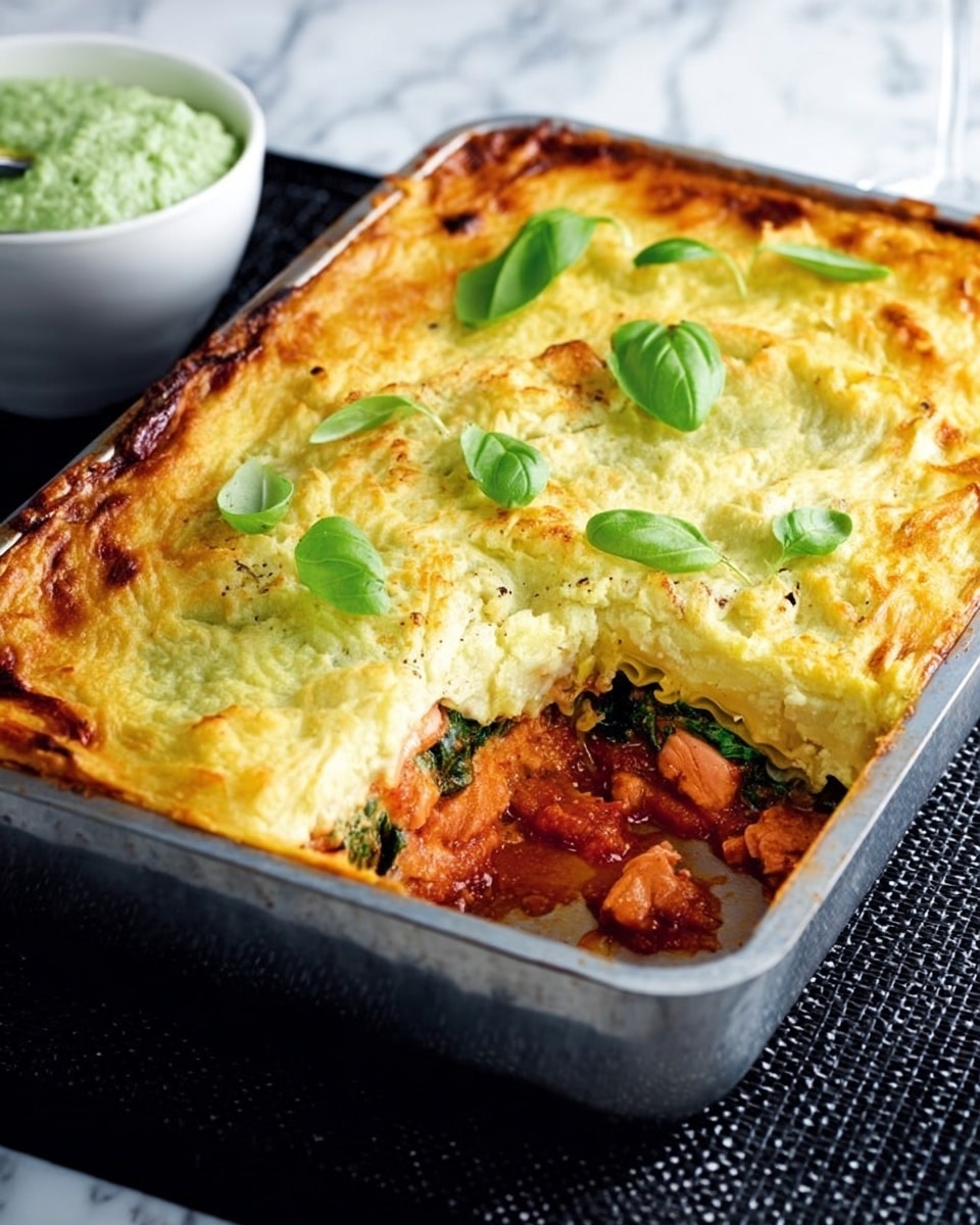 The image shows a baked dish in a rectangular metal pan with a golden-brown and light green top layer dotted with fresh basil leaves. One corner is cut out, revealing three layers inside: the top layer is light green and fluffy, the middle is reddish with tomato sauce and pieces of salmon, while the bottom layer is dark green with cooked spinach. The pan is placed on a black textured cloth with a white marbled surface beneath. A small, white bowl with a white sauce sits blurred in the background. Photo taken with an iphone --ar 4:5 --v 7