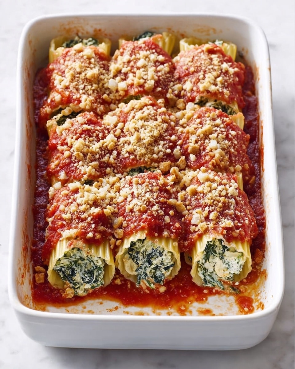 The image shows a white rectangular baking dish filled with five rolled pasta tubes standing side by side, each tube layered with green spinach and white cheese filling visible at the ends. The pasta is covered with a thick, textured red tomato sauce on top, which is sprinkled with a crumbly light brown topping, possibly breadcrumbs or cheese. The dish is placed on a white marbled surface, and some sauce is slightly spilled on the sides inside the dish. Photo taken with an iphone --ar 4:5 --v 7